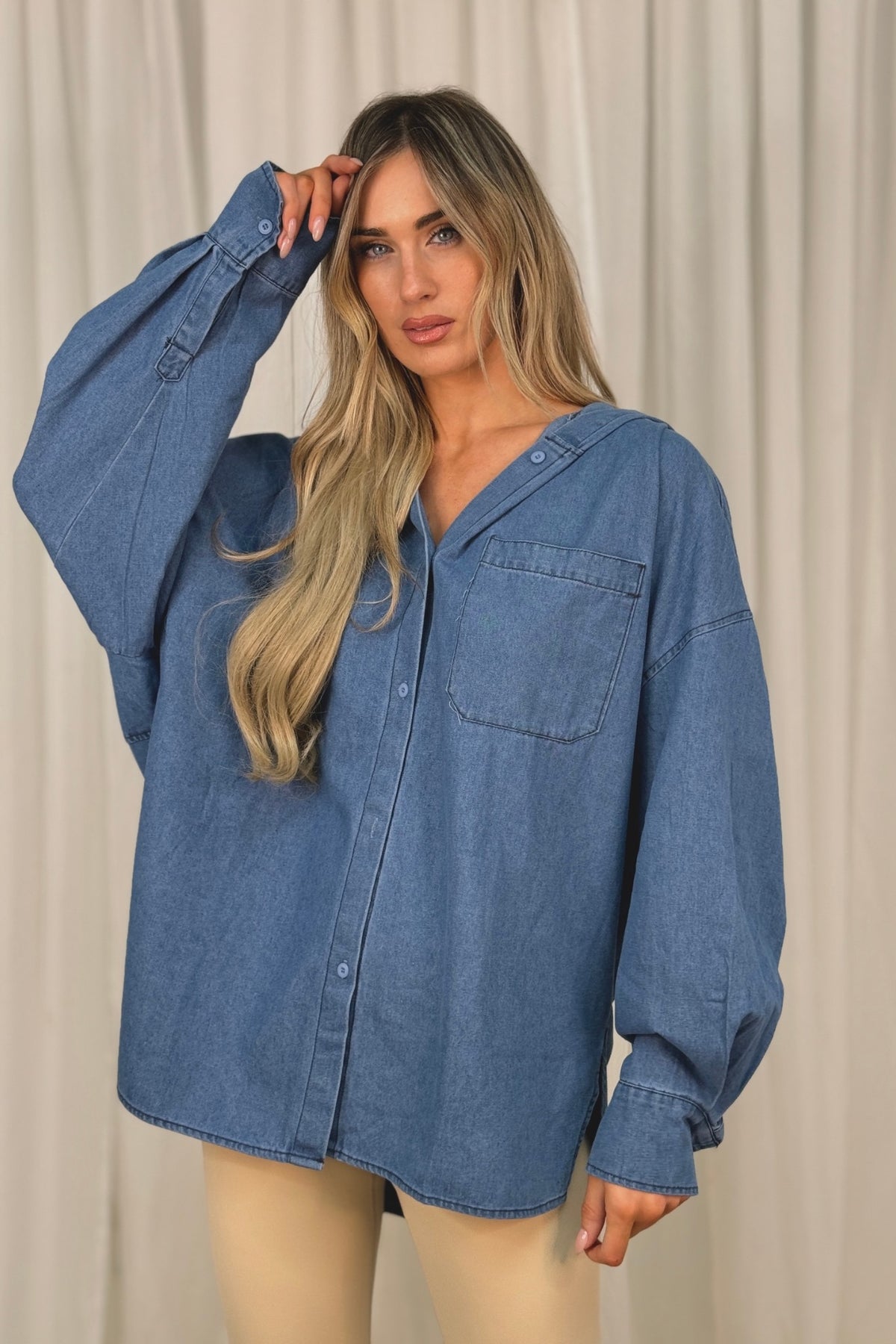 Jane Hooded Denim Shirt In Light Wash