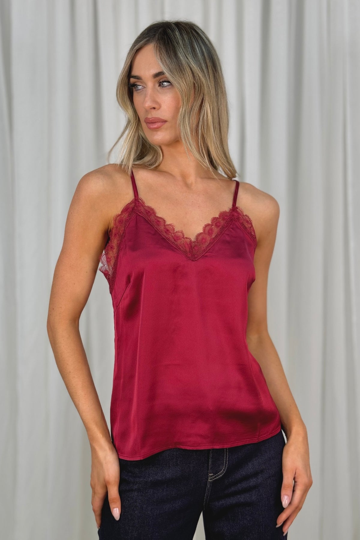 Becca Lace Trim Cami In Wine Red