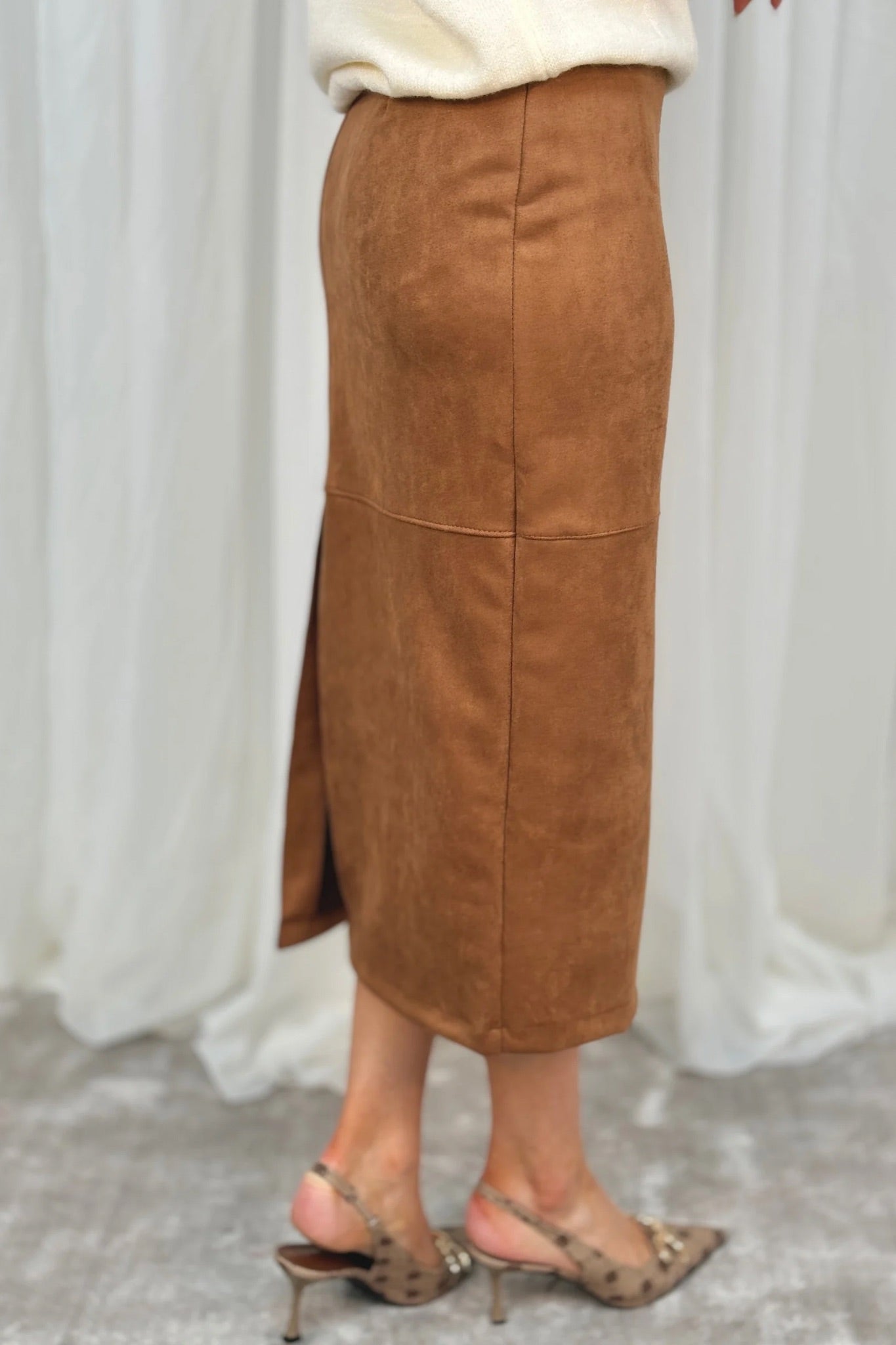 Caitlyn Faux Suede Midi Skirt In Light Brown