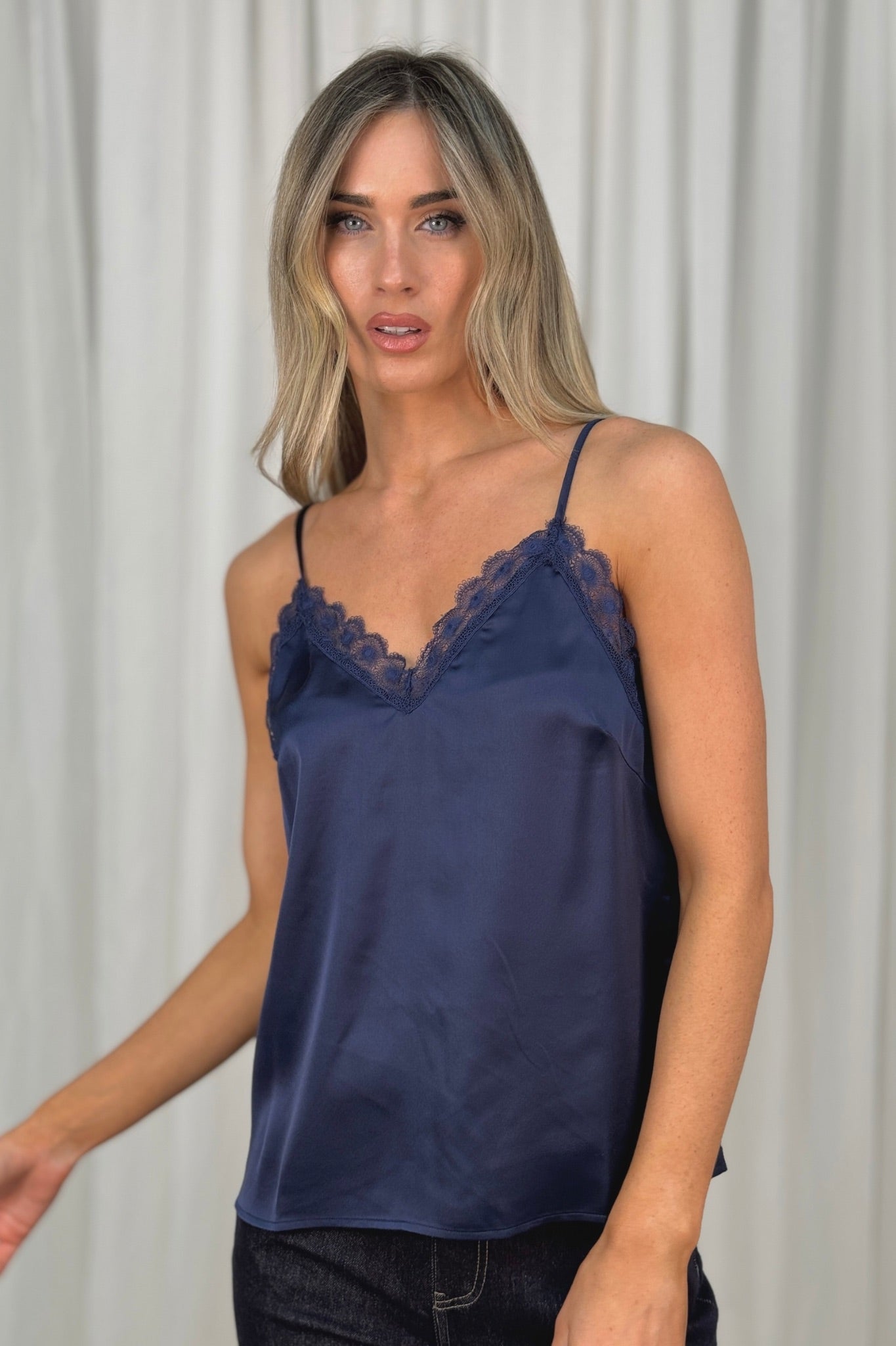 Becca Lace Trim Cami In Navy