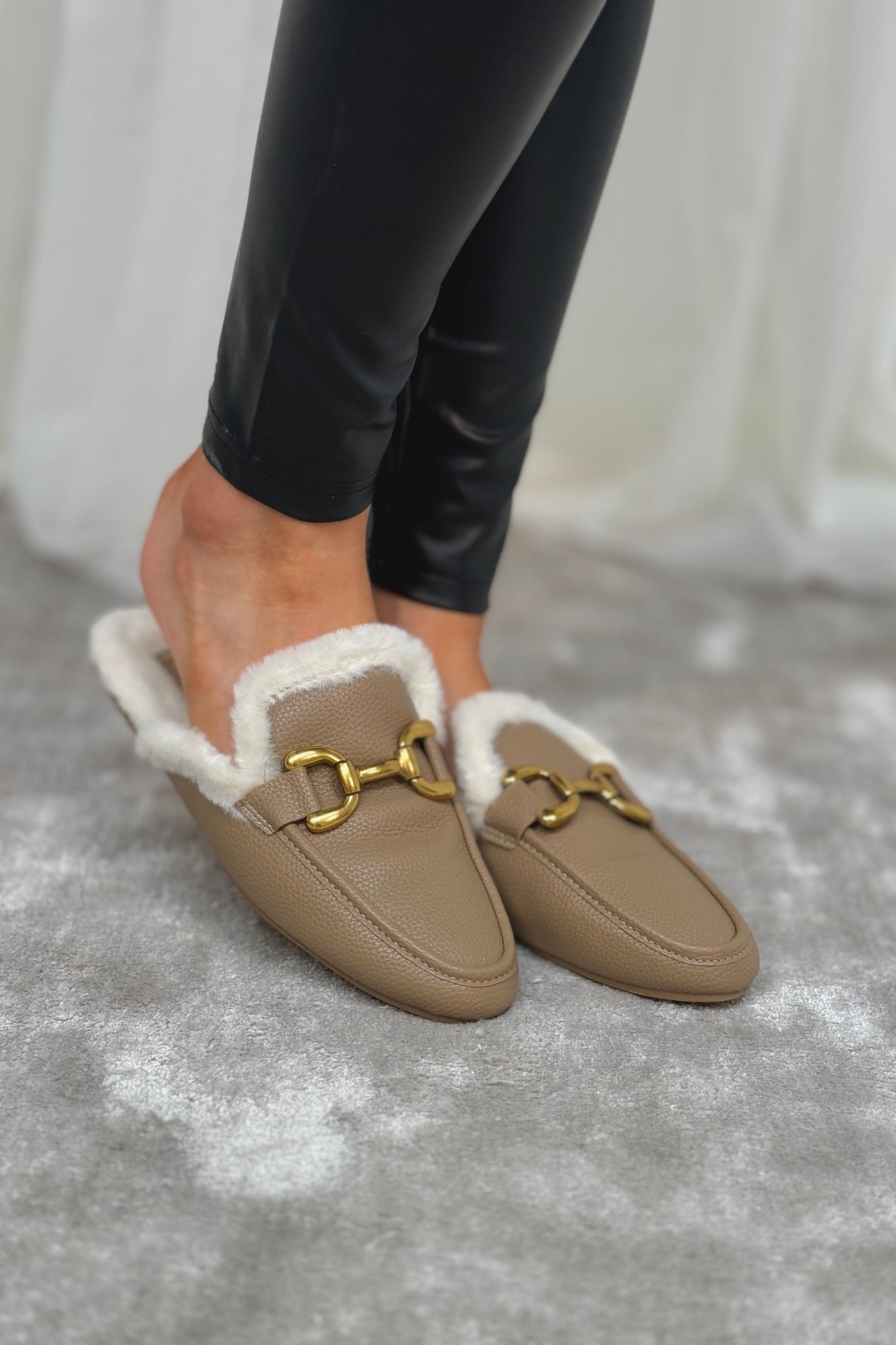 Faith Faux Fur Trim Buckle Mule In Neutral