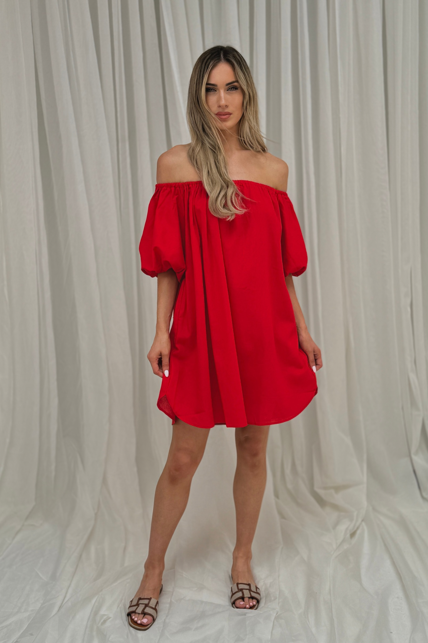 Caitlyn Puff Sleeve Bardot Dress In Red