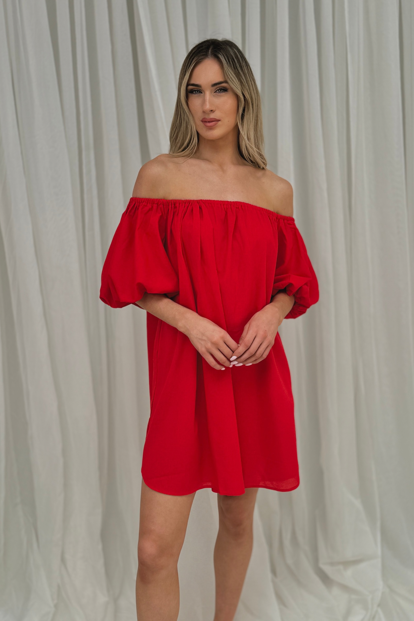 Caitlyn Puff Sleeve Bardot Dress In Red