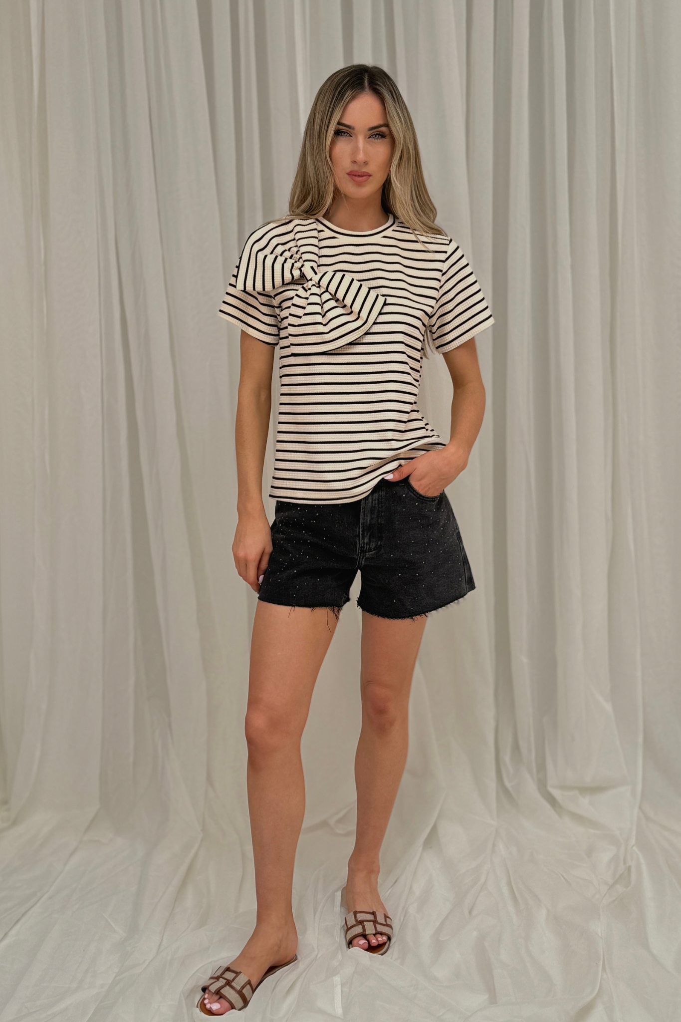 Millie Bow Front Stripe T-Shirt In Cream