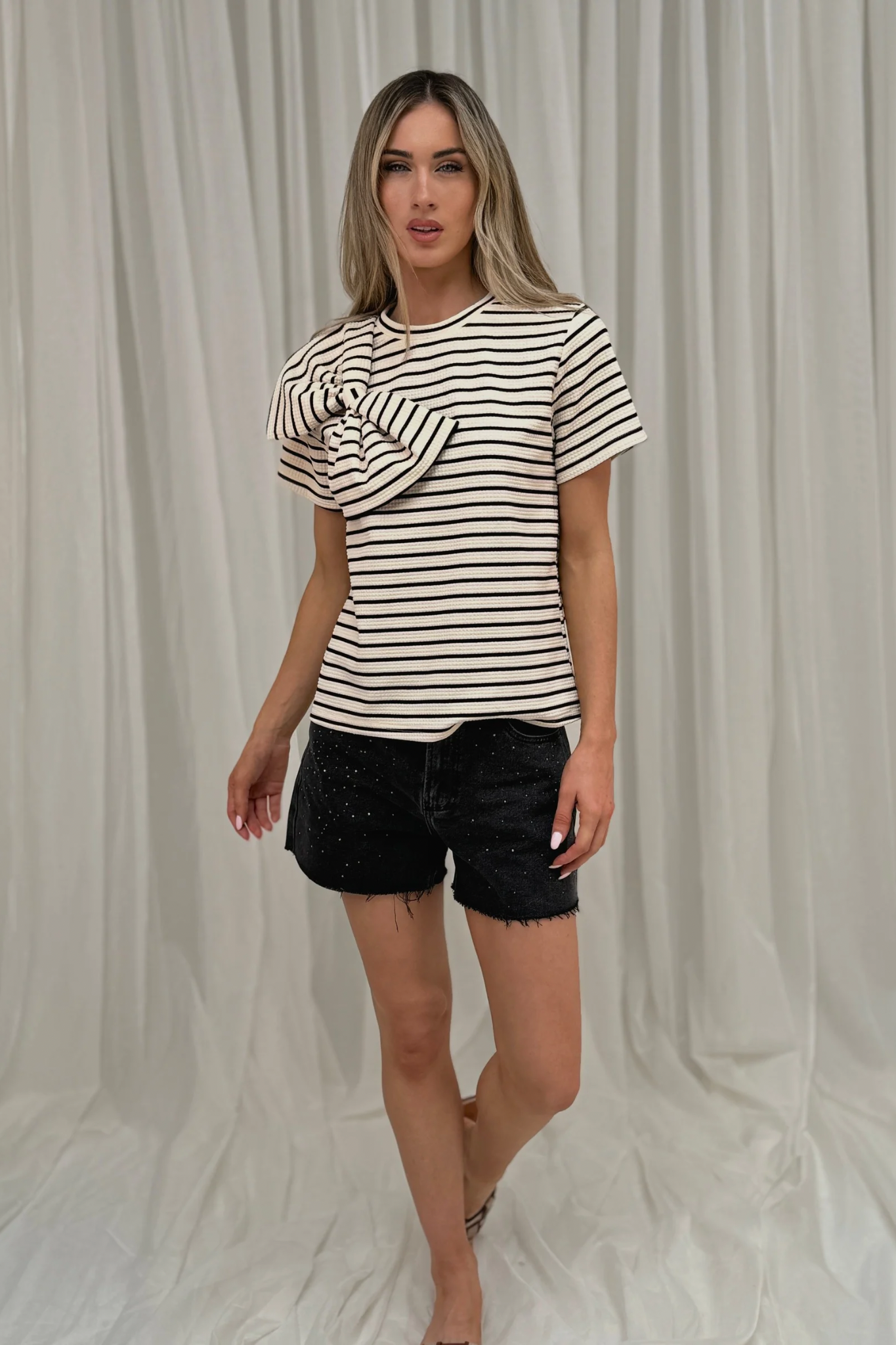 Millie Bow Front Stripe T-Shirt In Cream