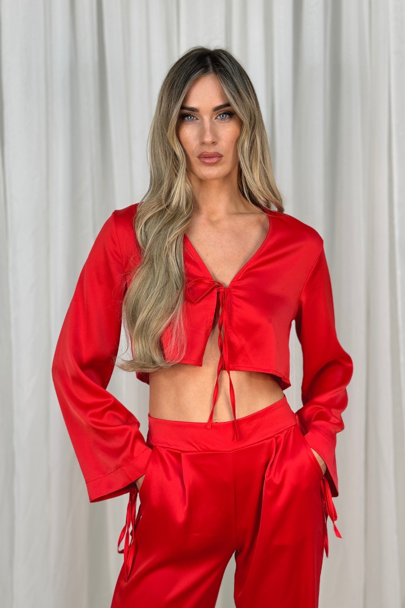 Erica Tie Front Satin Blouse In Red