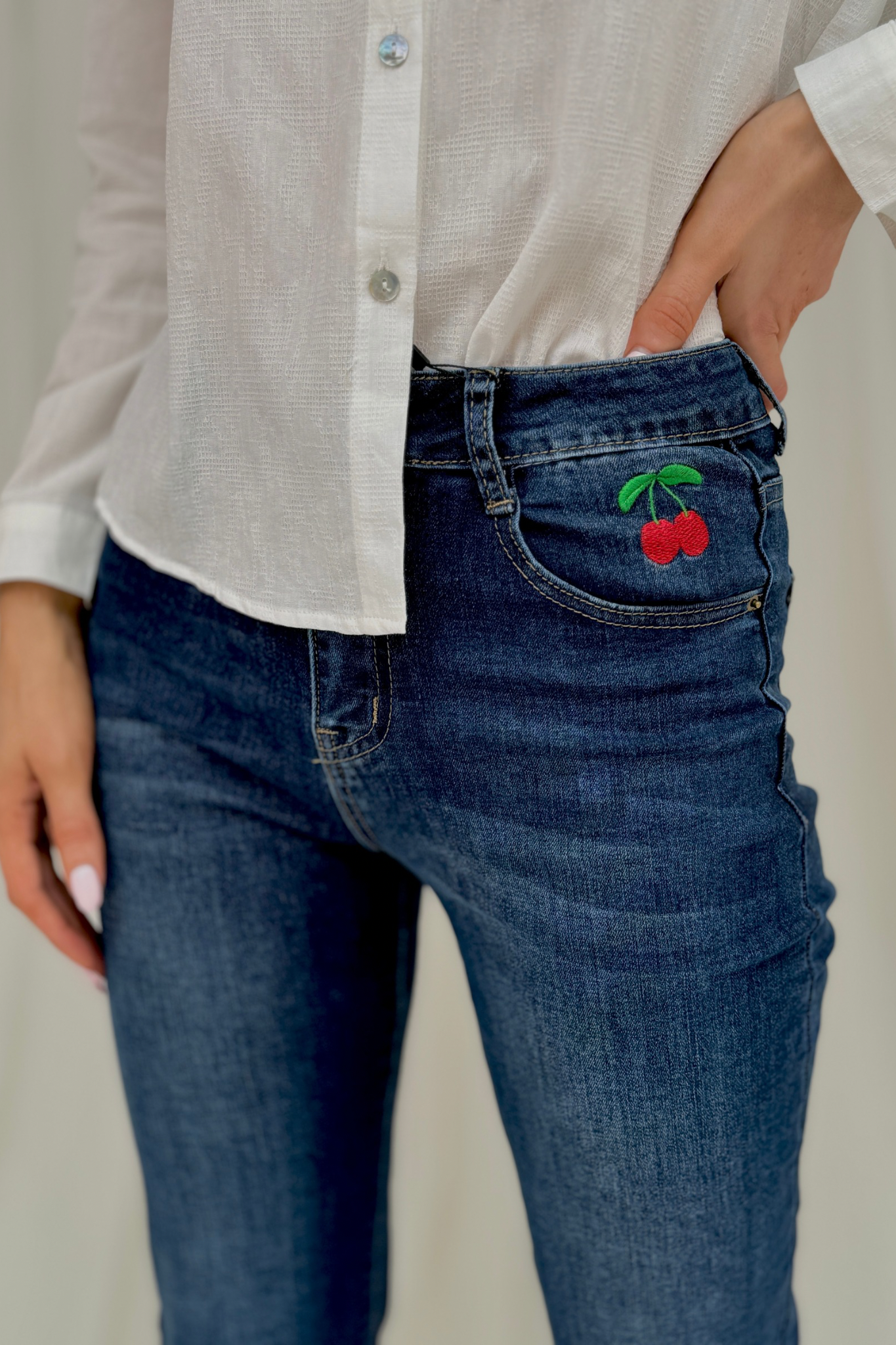 Megan Cherry Embroidered Jeans In Dark Wash