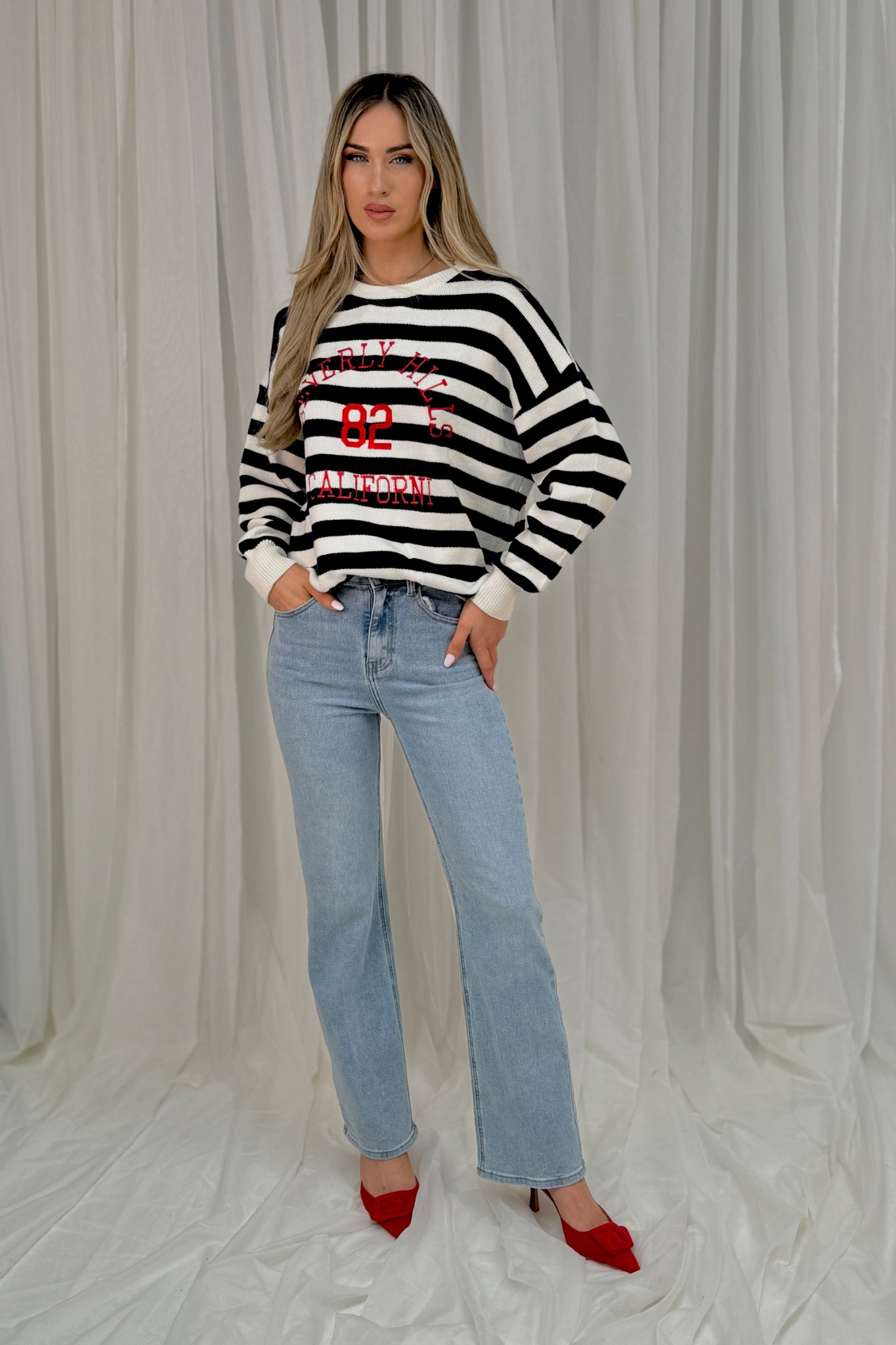 Millie Slogan Stripe Jumper In Navy Mix