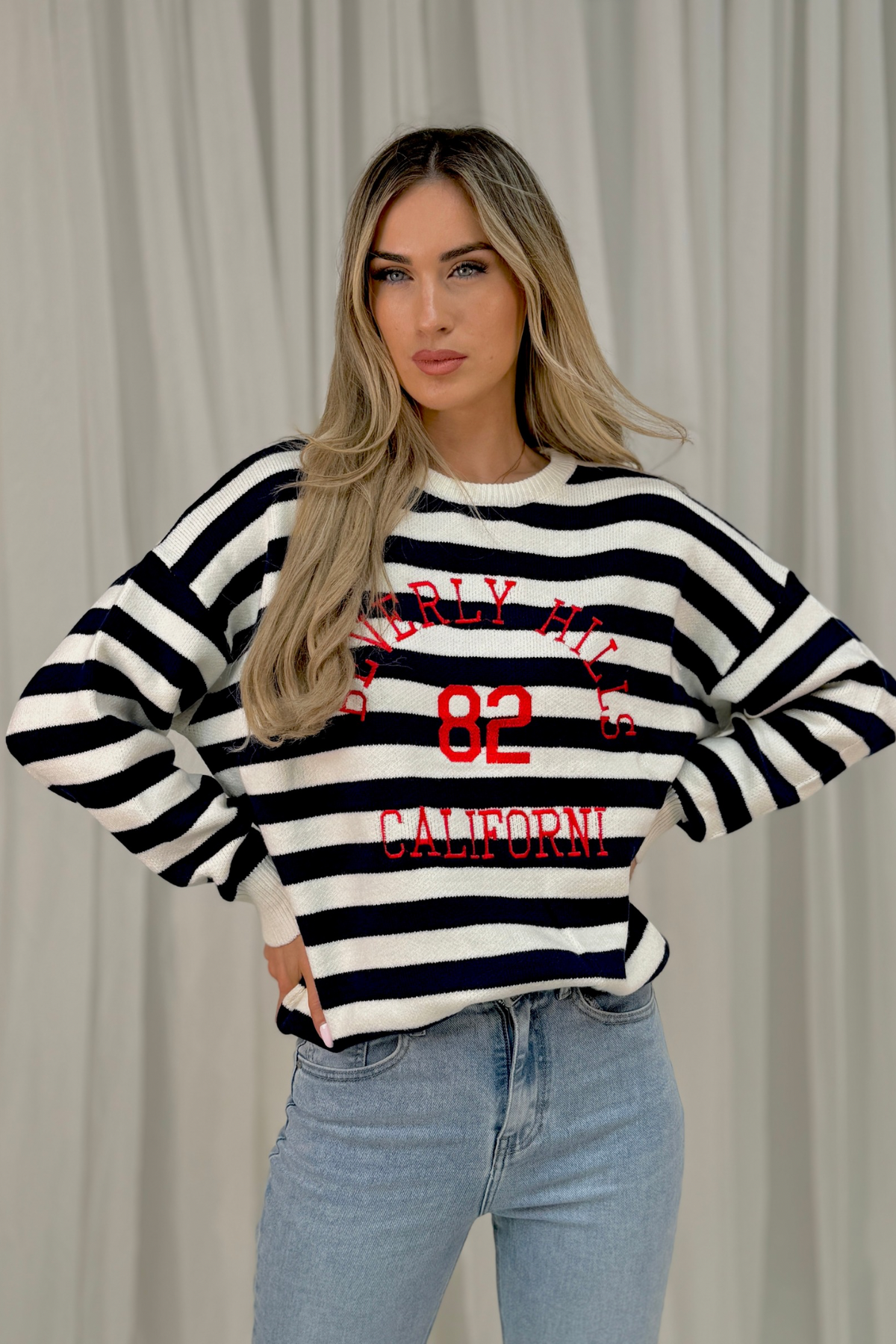 Millie Slogan Stripe Jumper In Navy Mix