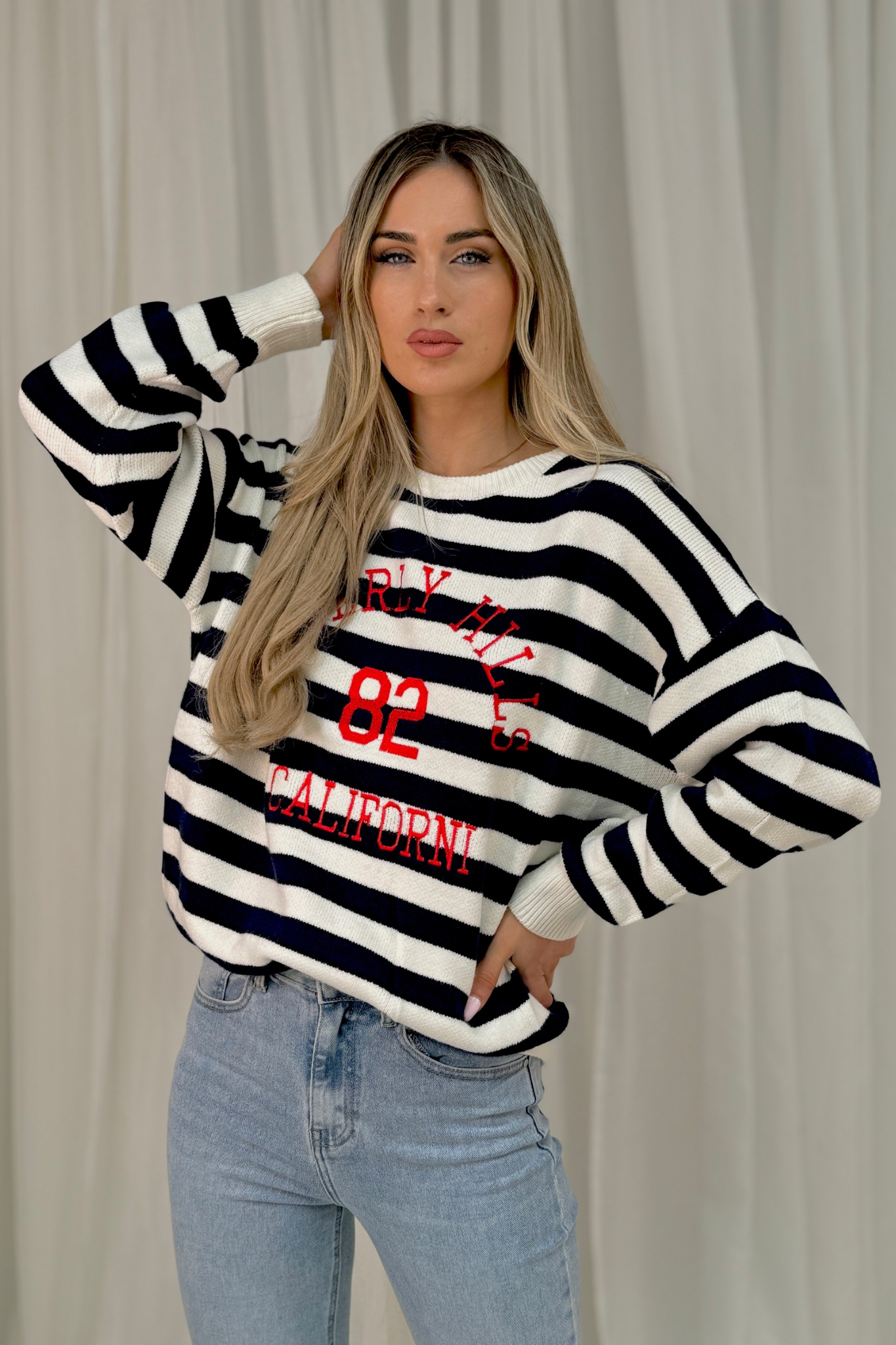 Millie Slogan Stripe Jumper In Navy Mix