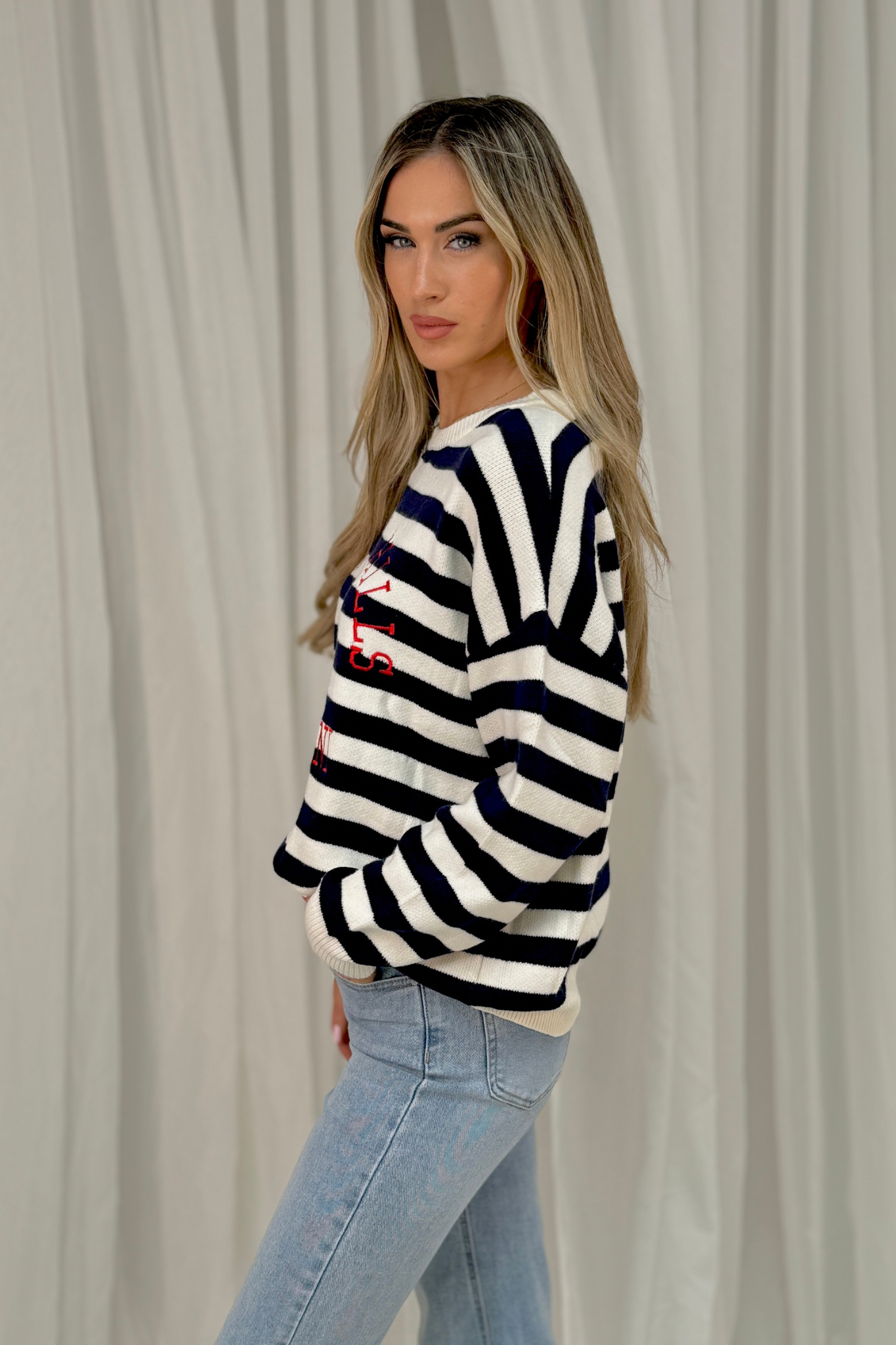 Millie Slogan Stripe Jumper In Navy Mix