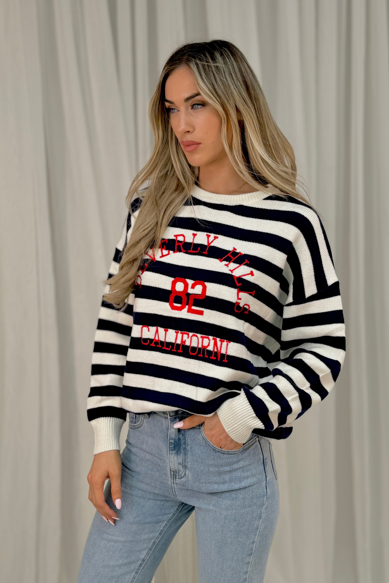 Millie Slogan Stripe Jumper In Navy Mix