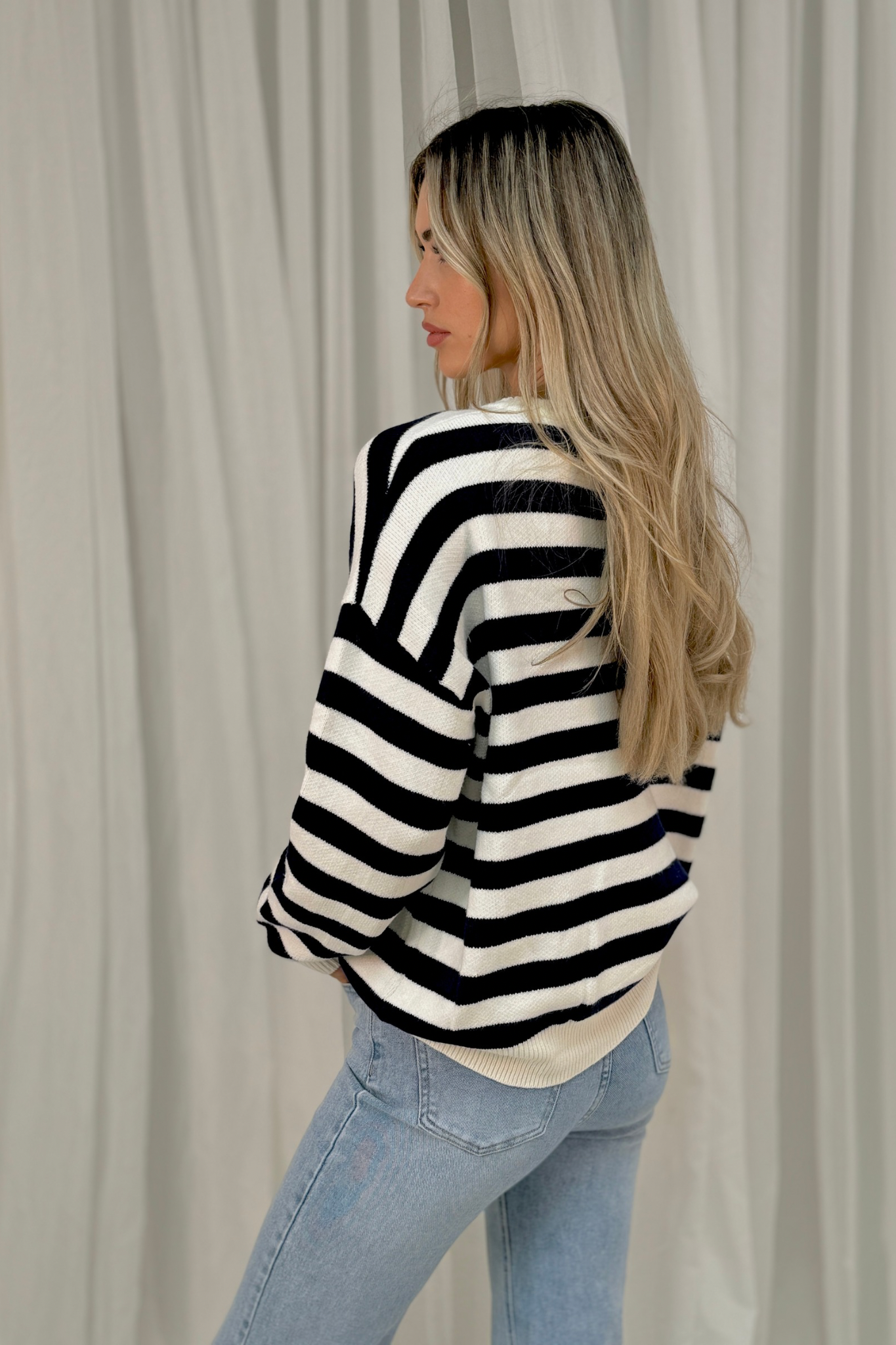 Millie Slogan Stripe Jumper In Navy Mix