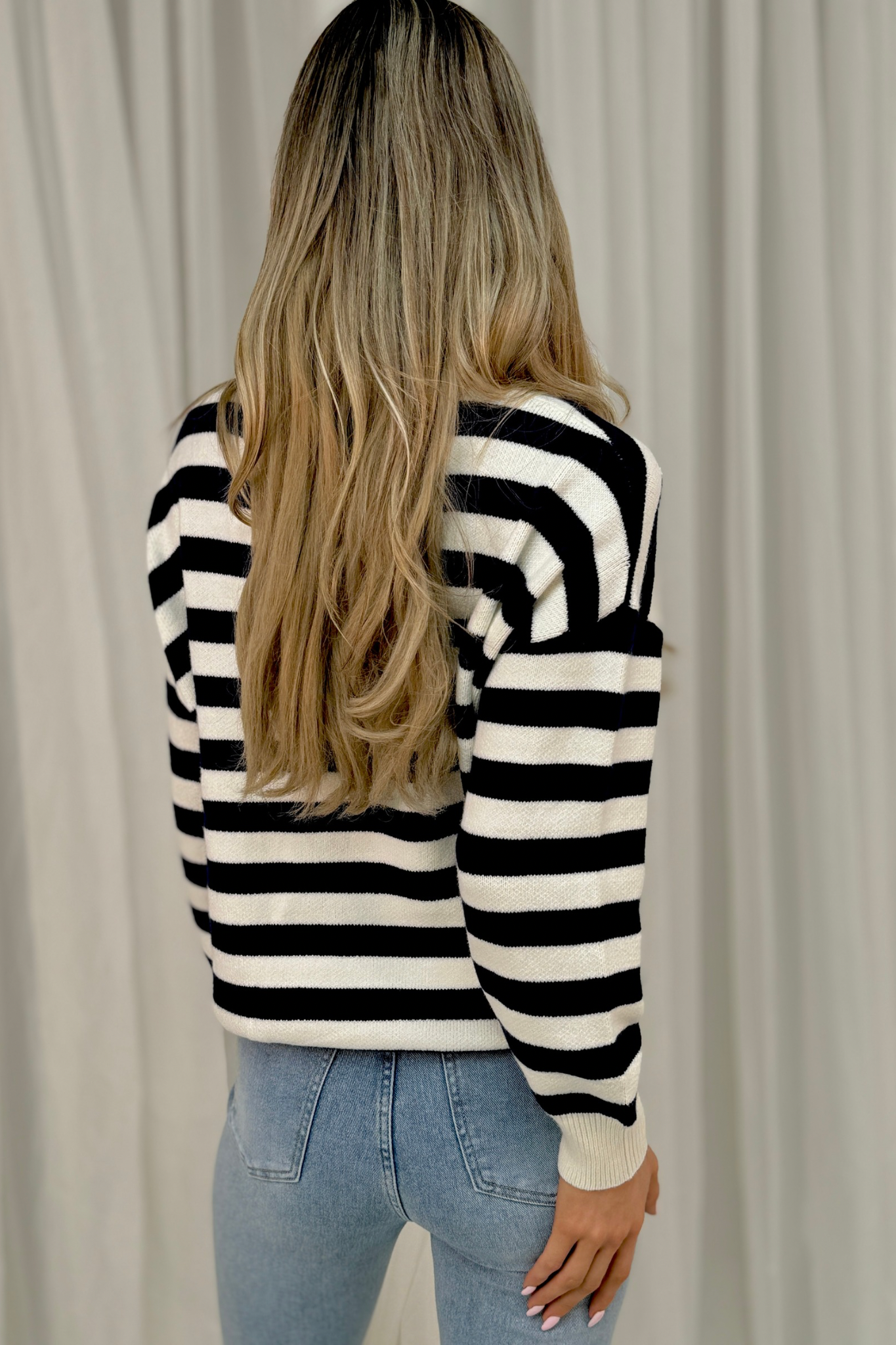 Millie Slogan Stripe Jumper In Navy Mix