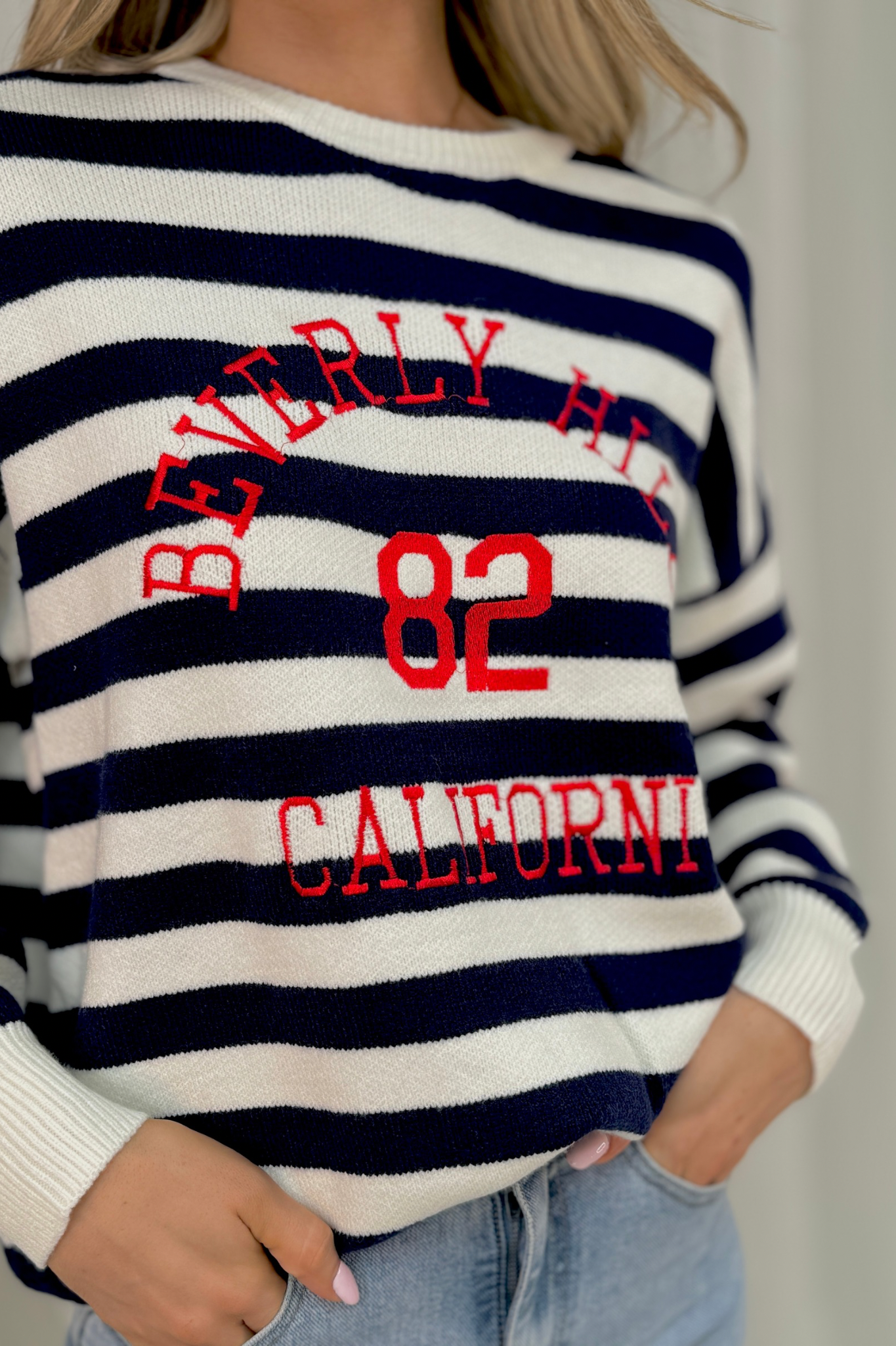 Millie Slogan Stripe Jumper In Navy Mix