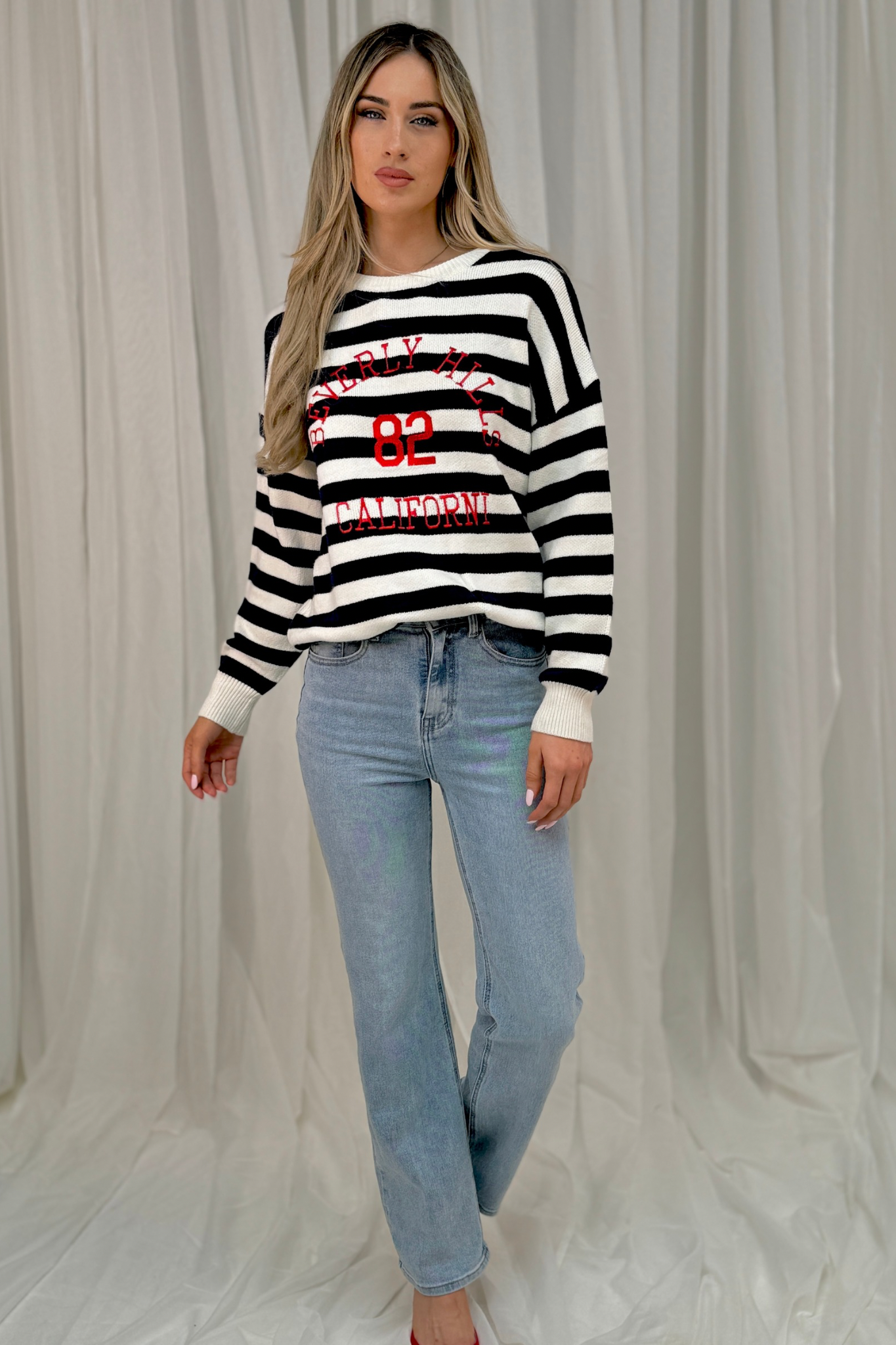 Millie Slogan Stripe Jumper In Navy Mix