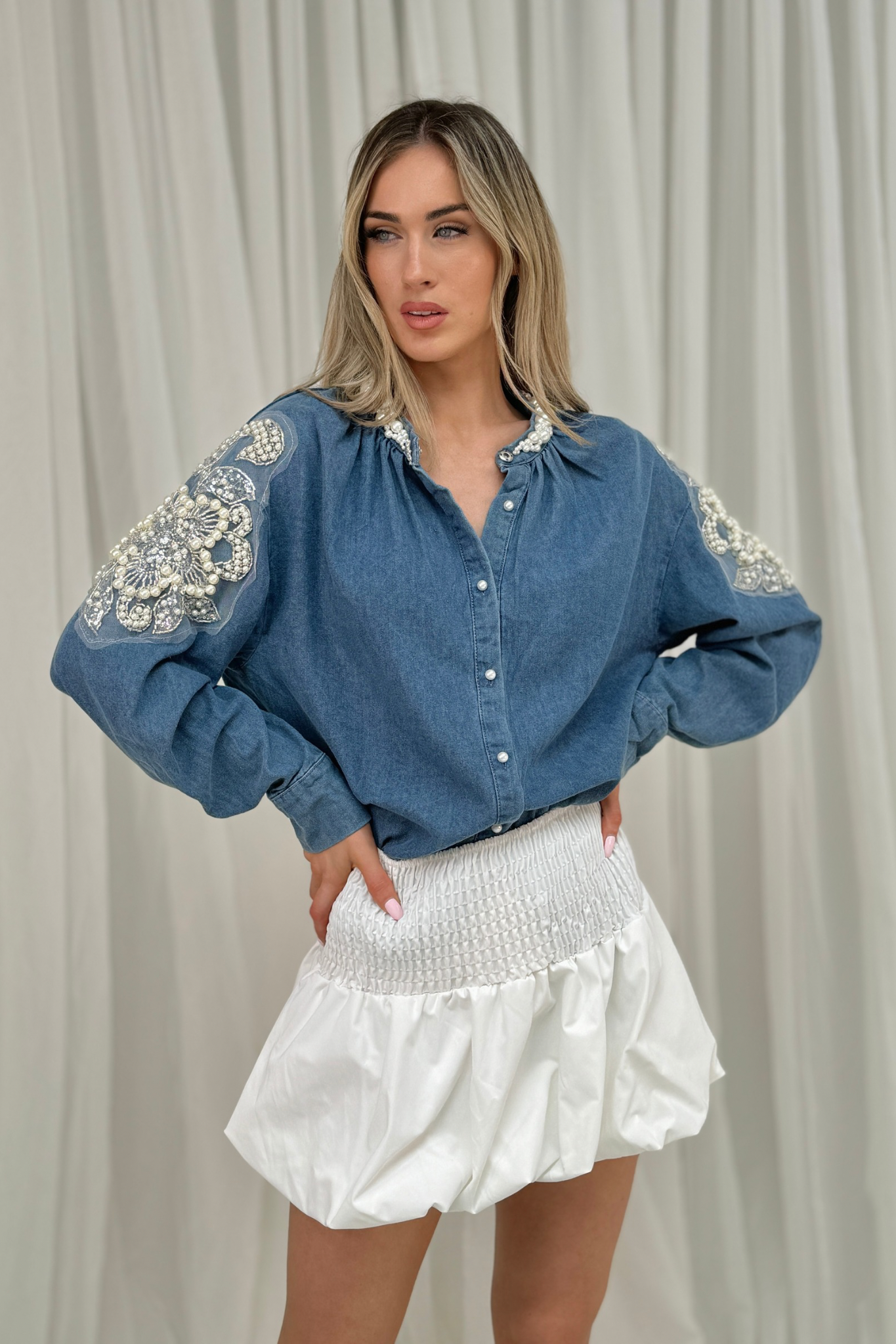 Flynn Embellished Shirt In Dark Wash