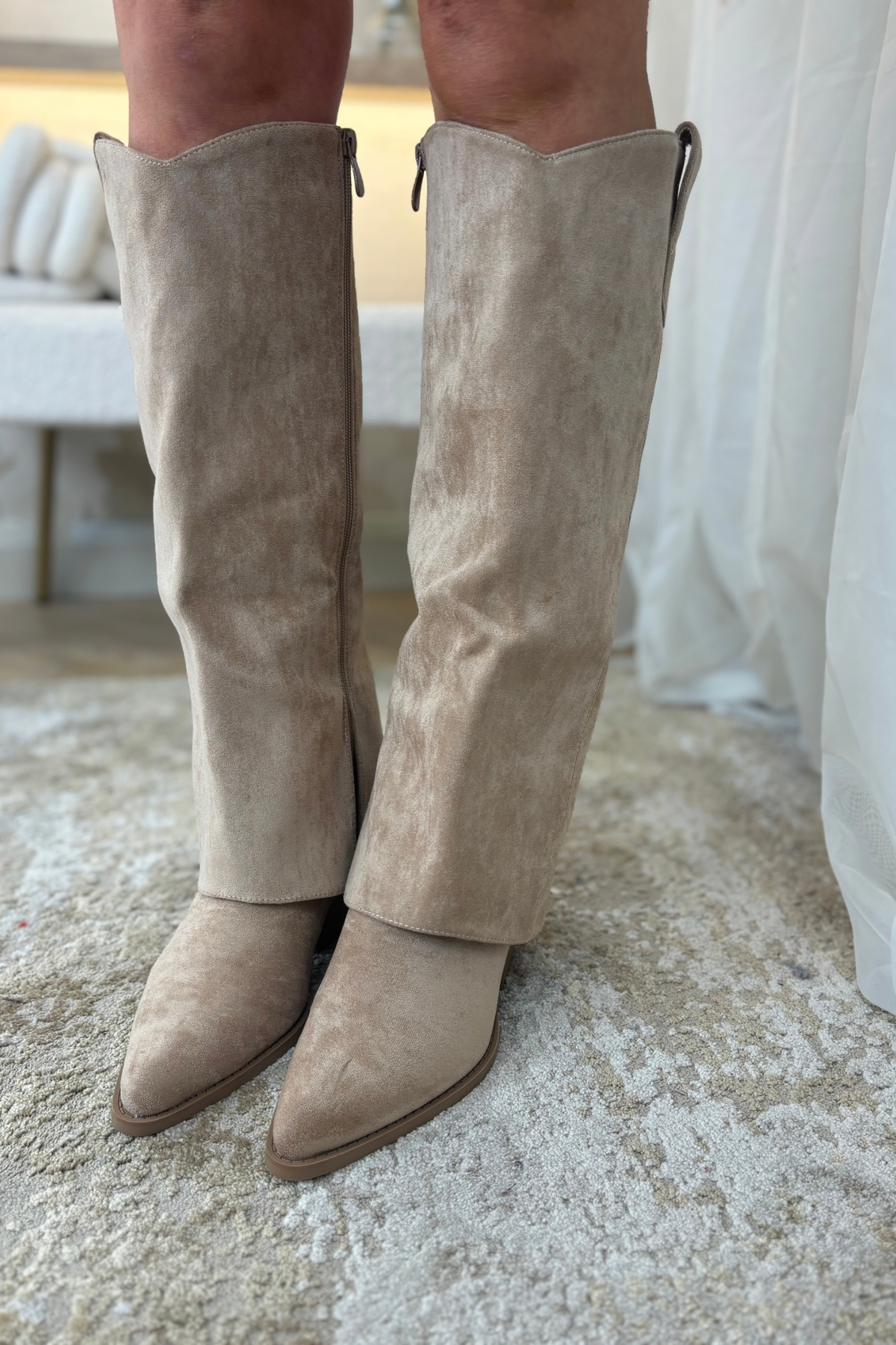 Cathy Faux Suede Foldover Boots In Neutral