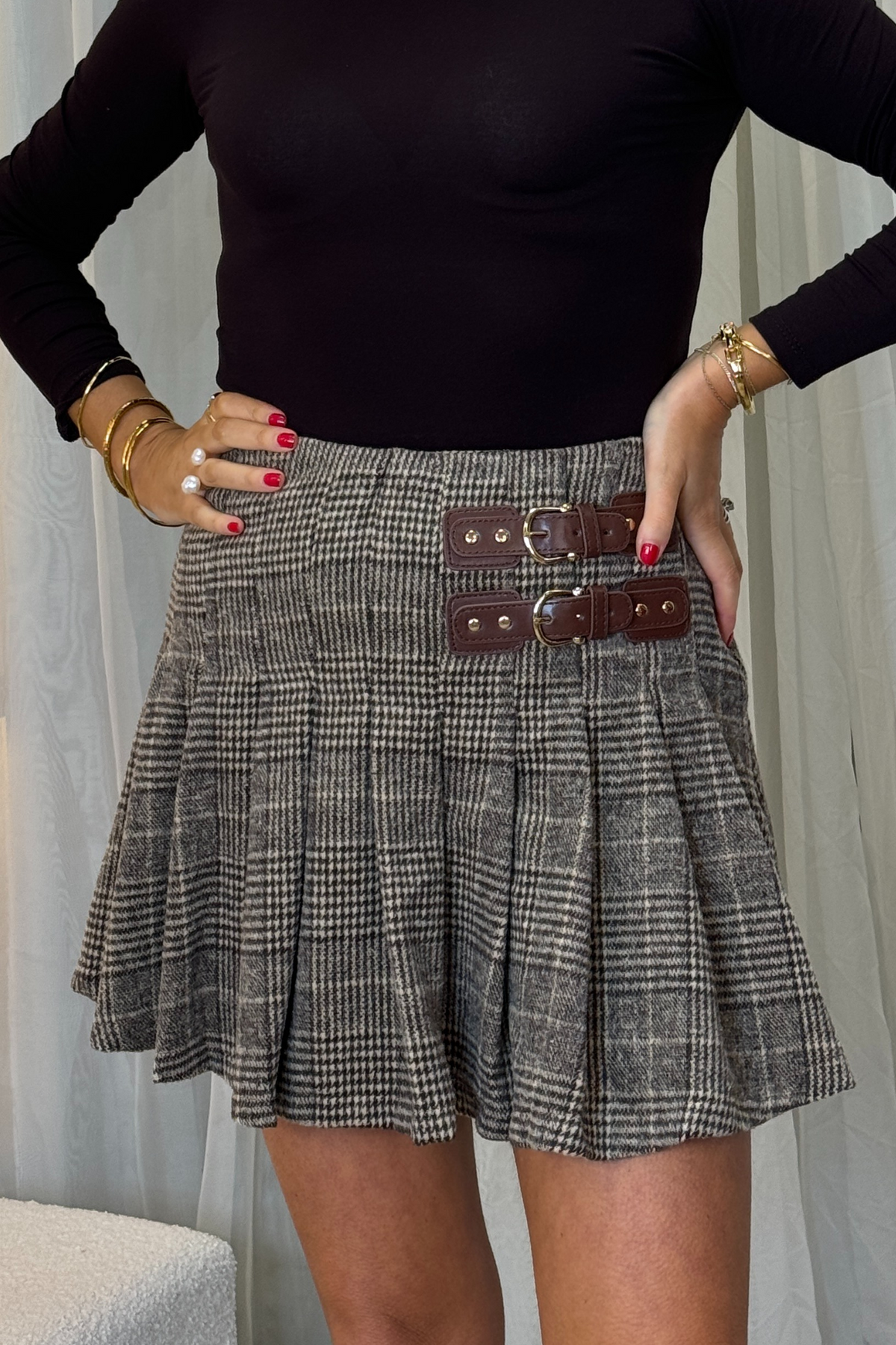 Polly Pleated Check Skirt In Chocolate Mix