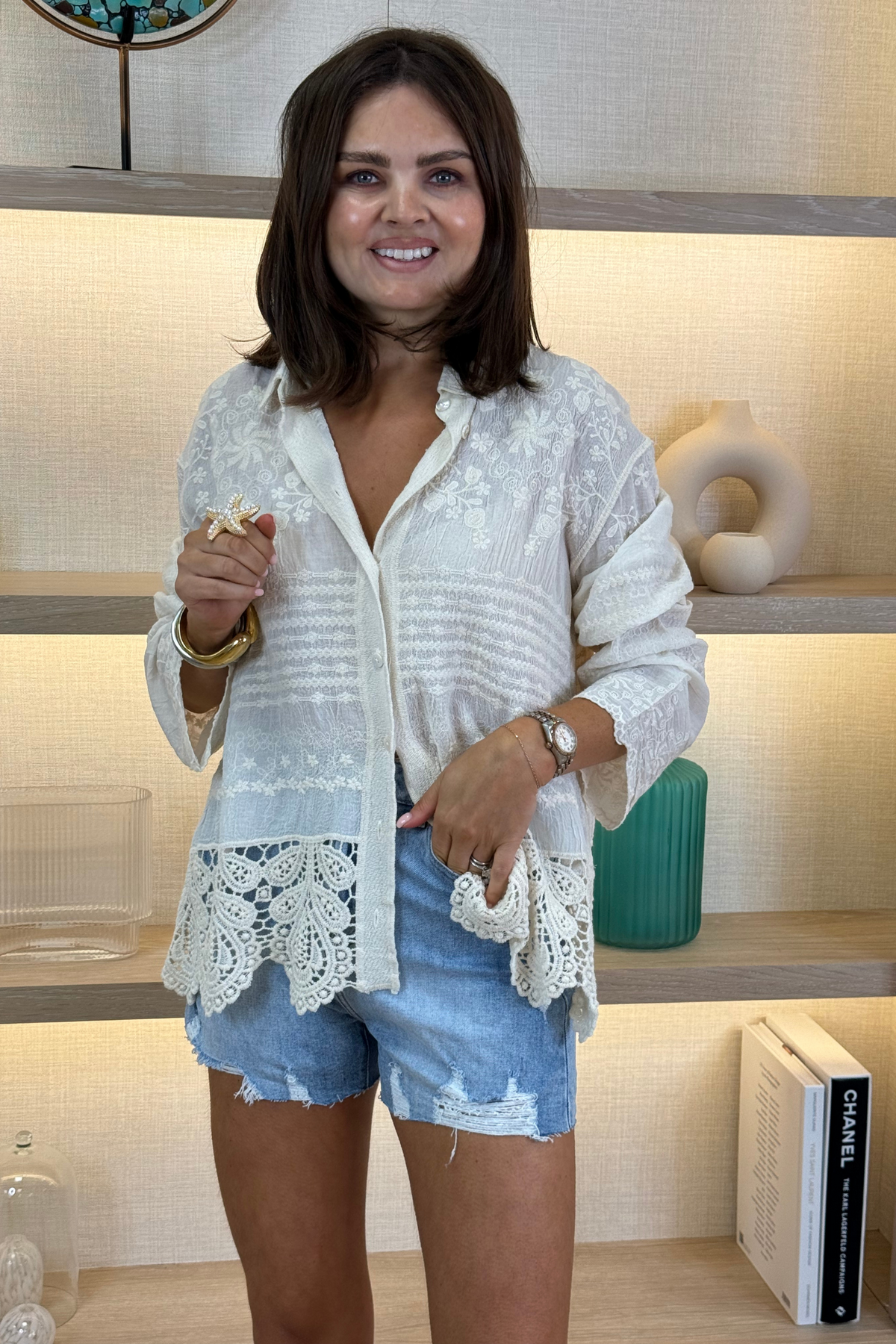 Holly Crochet Hem Blouse In Cream