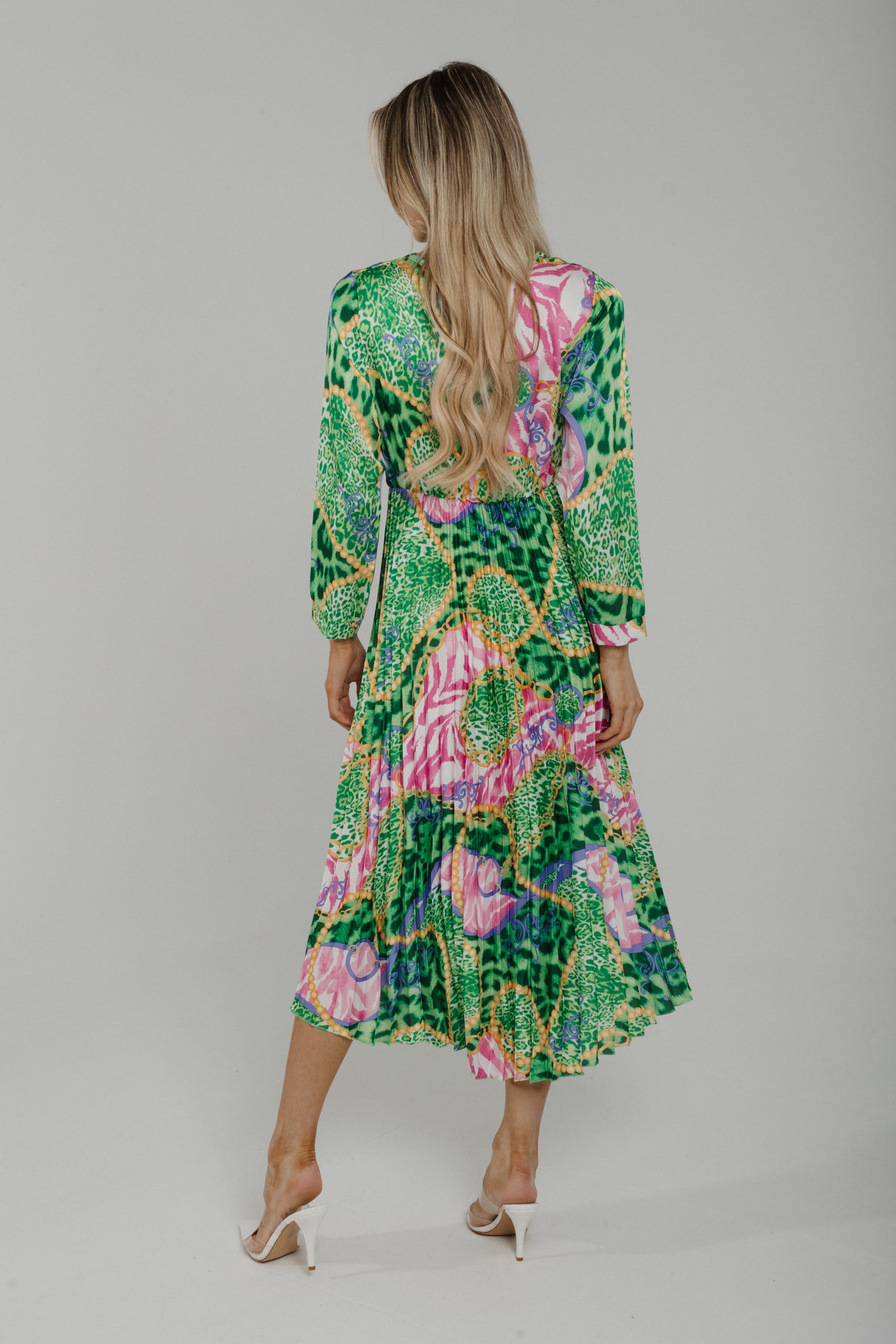 Polly Pleated Dress In Green Mix
