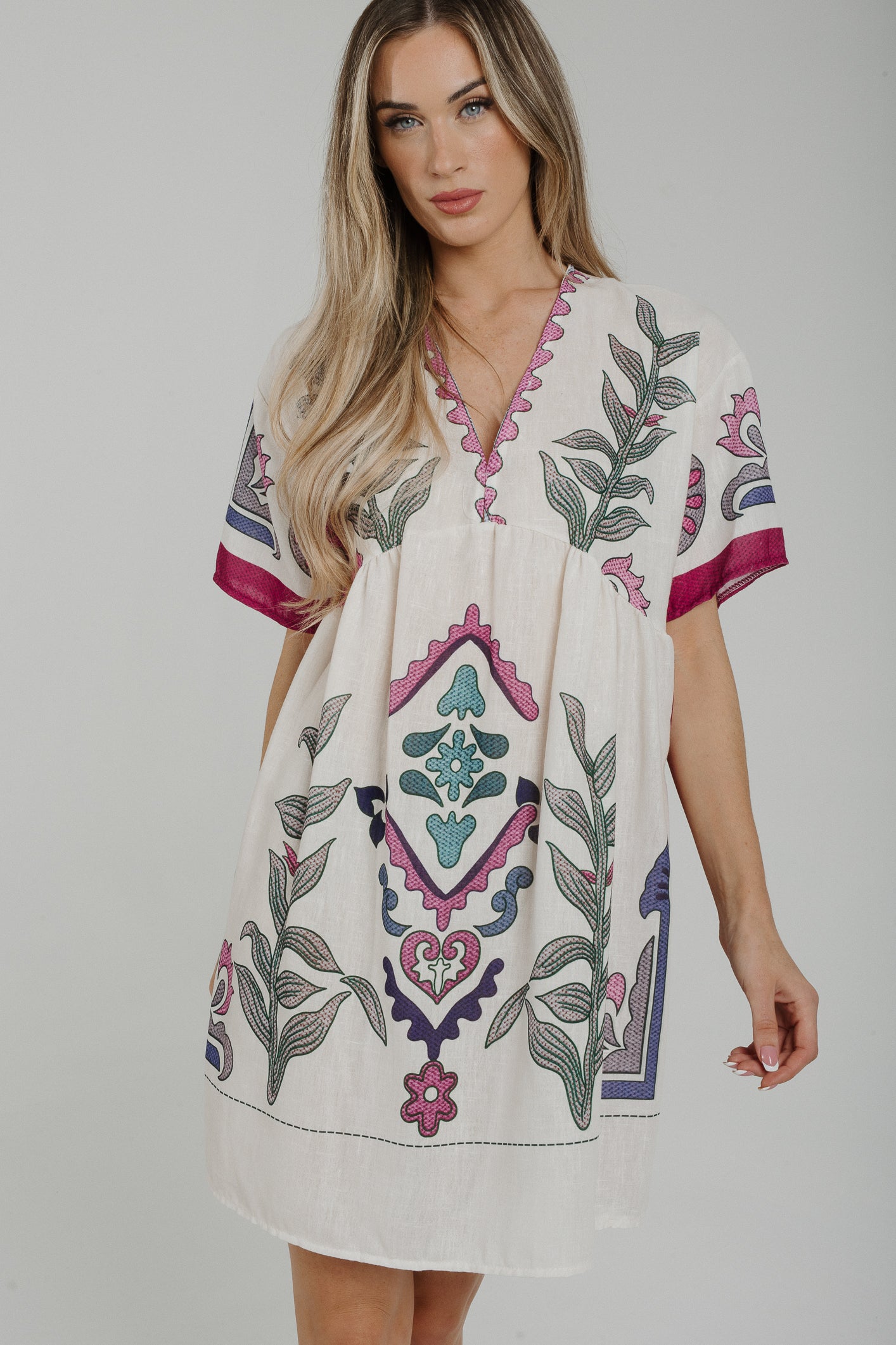 Indie V-Neck Printed Dress In Pink Mix