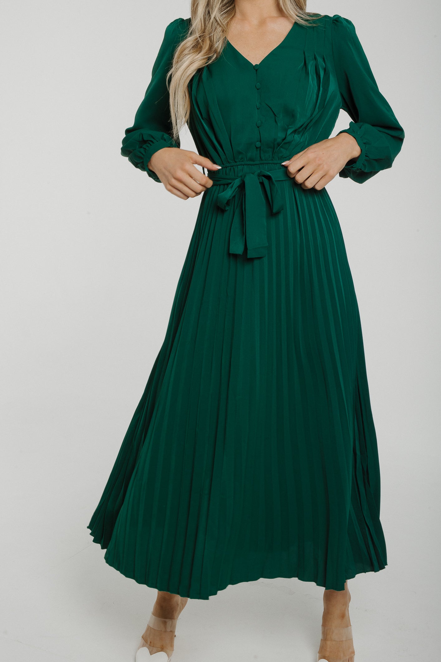 Lydia Pleated Maxi Dress In Dark Green