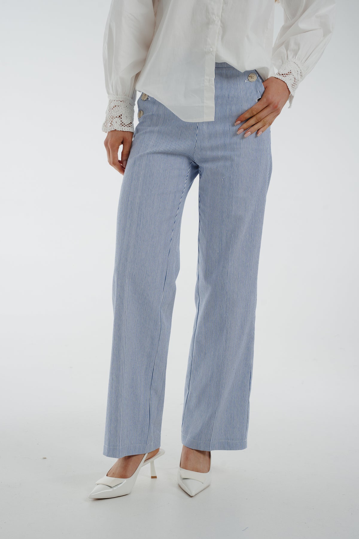 Maria Button Detail Trousers In Blue Stripe