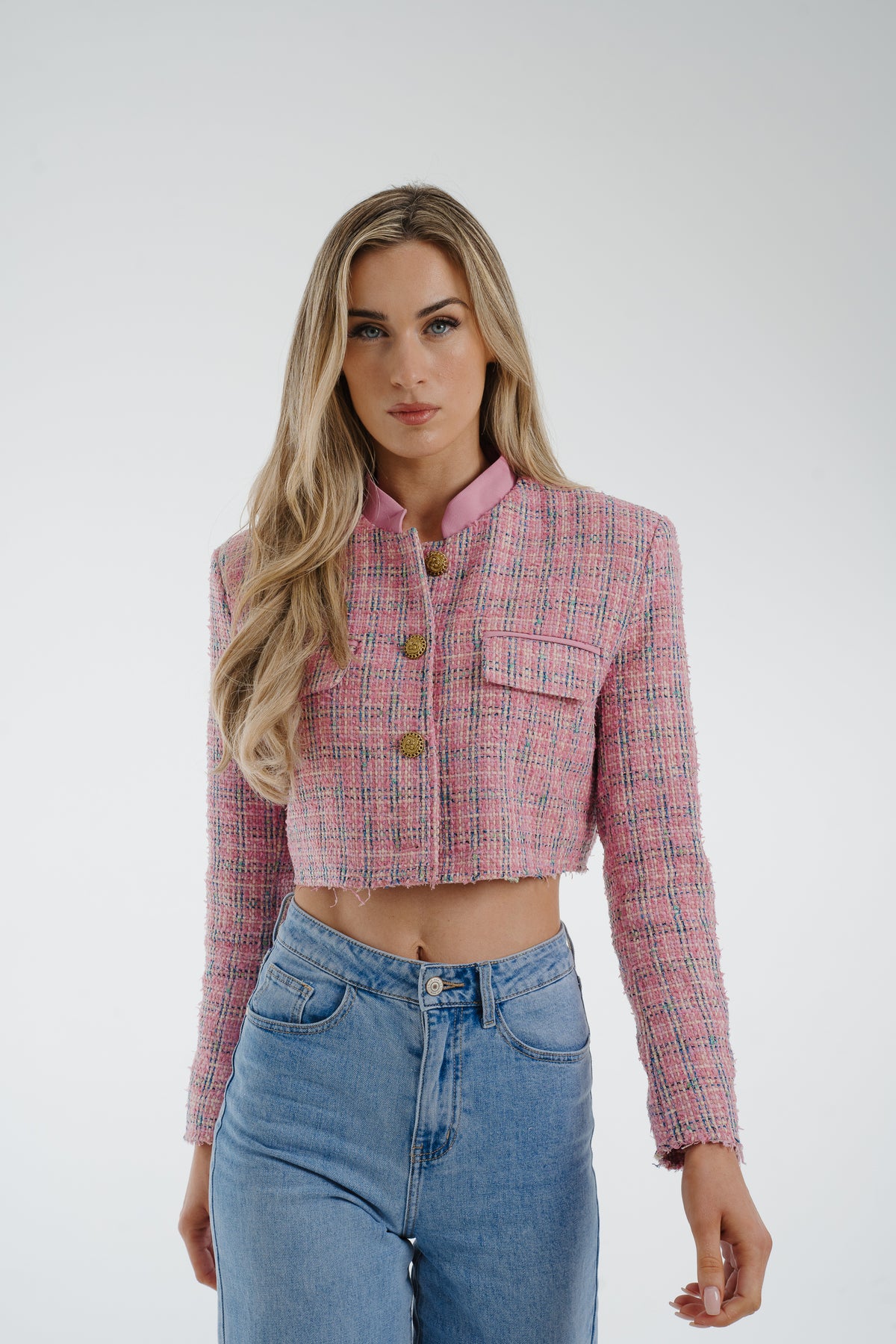 Arabella Crop Tweed Blazer In Pink