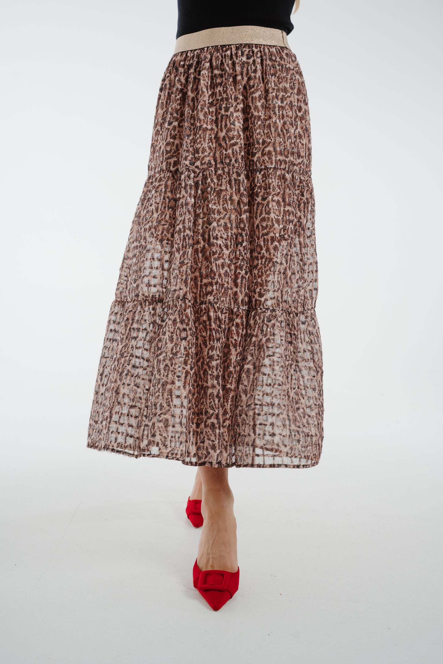 Ally Tiered Midi Skirt In Leopard Print
