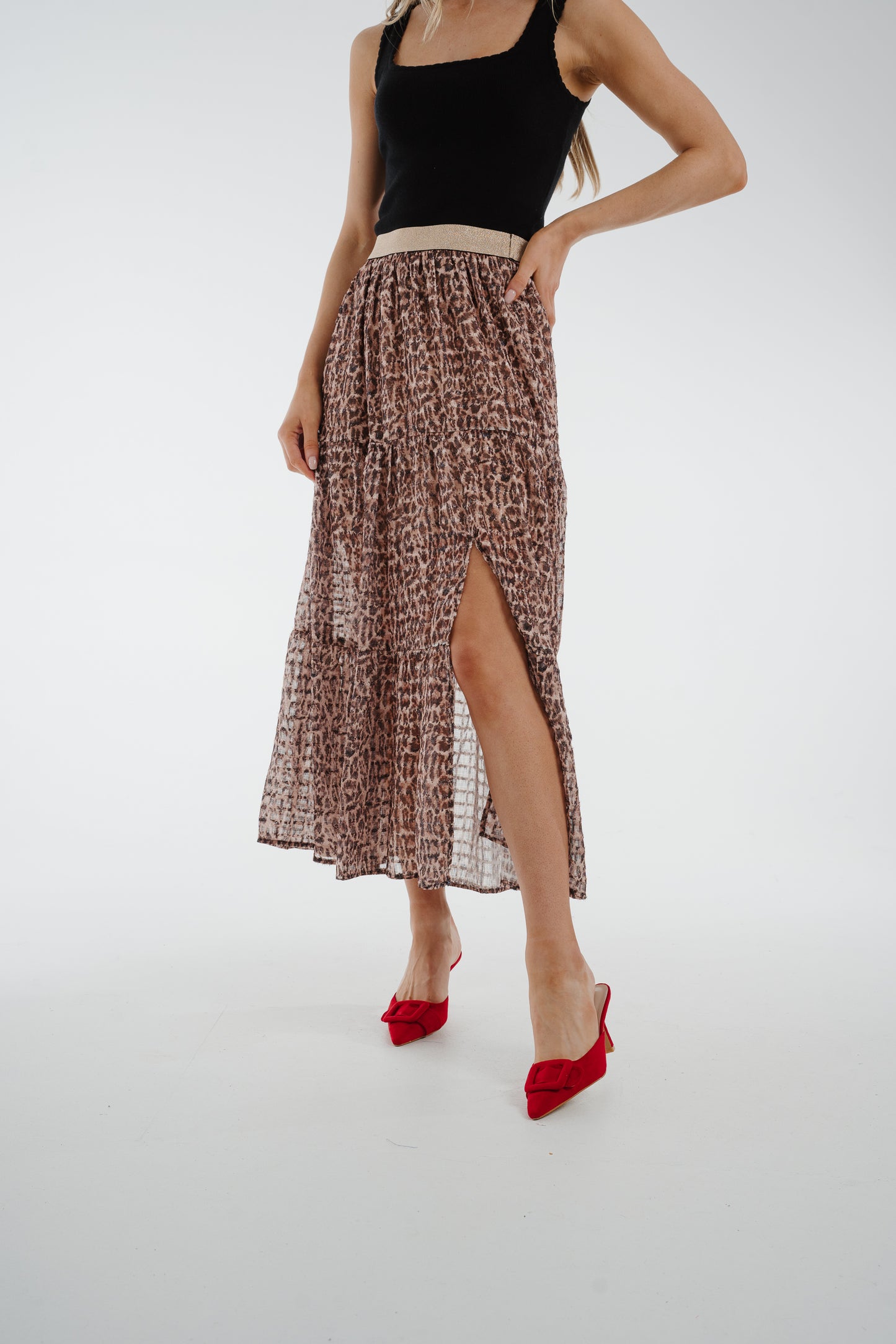 Ally Tiered Midi Skirt In Leopard Print