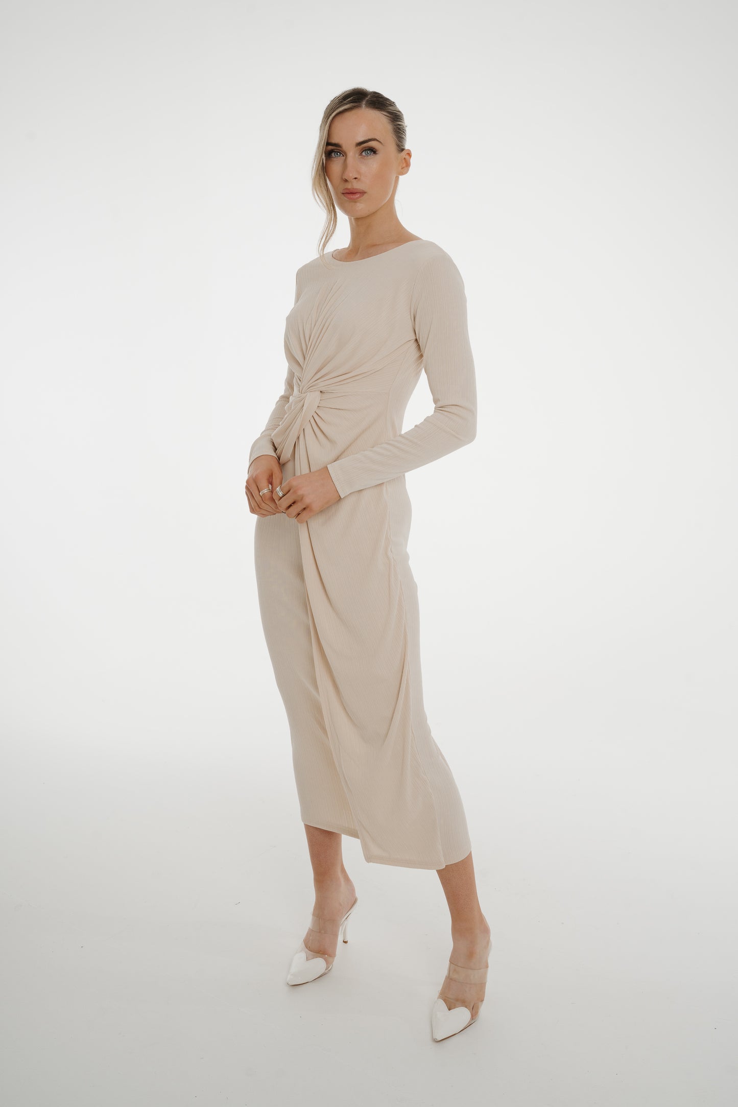 Kelly Knot Front Midi Dress In Neutral