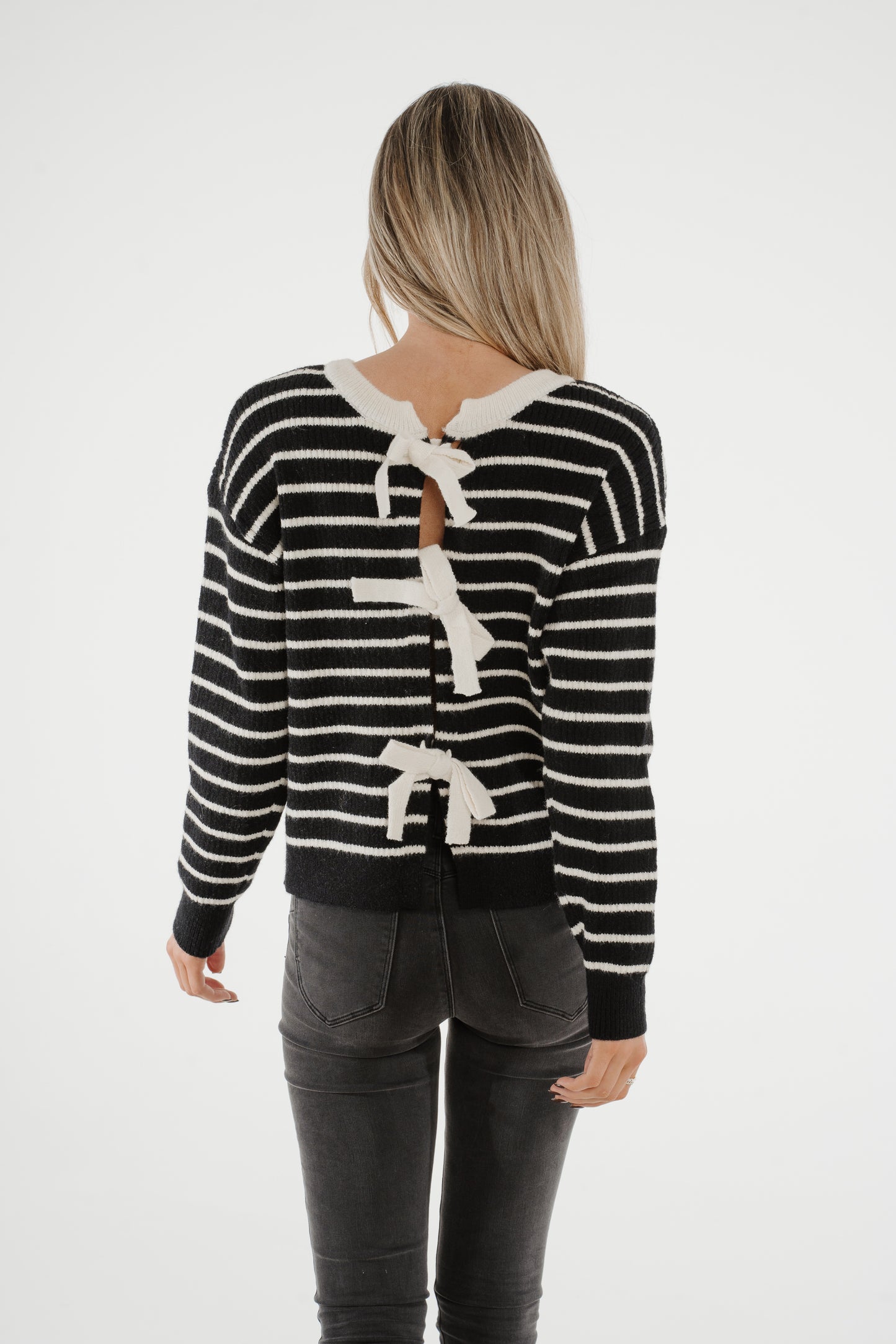 Julia Bow Stripe Jumper In Black Mix