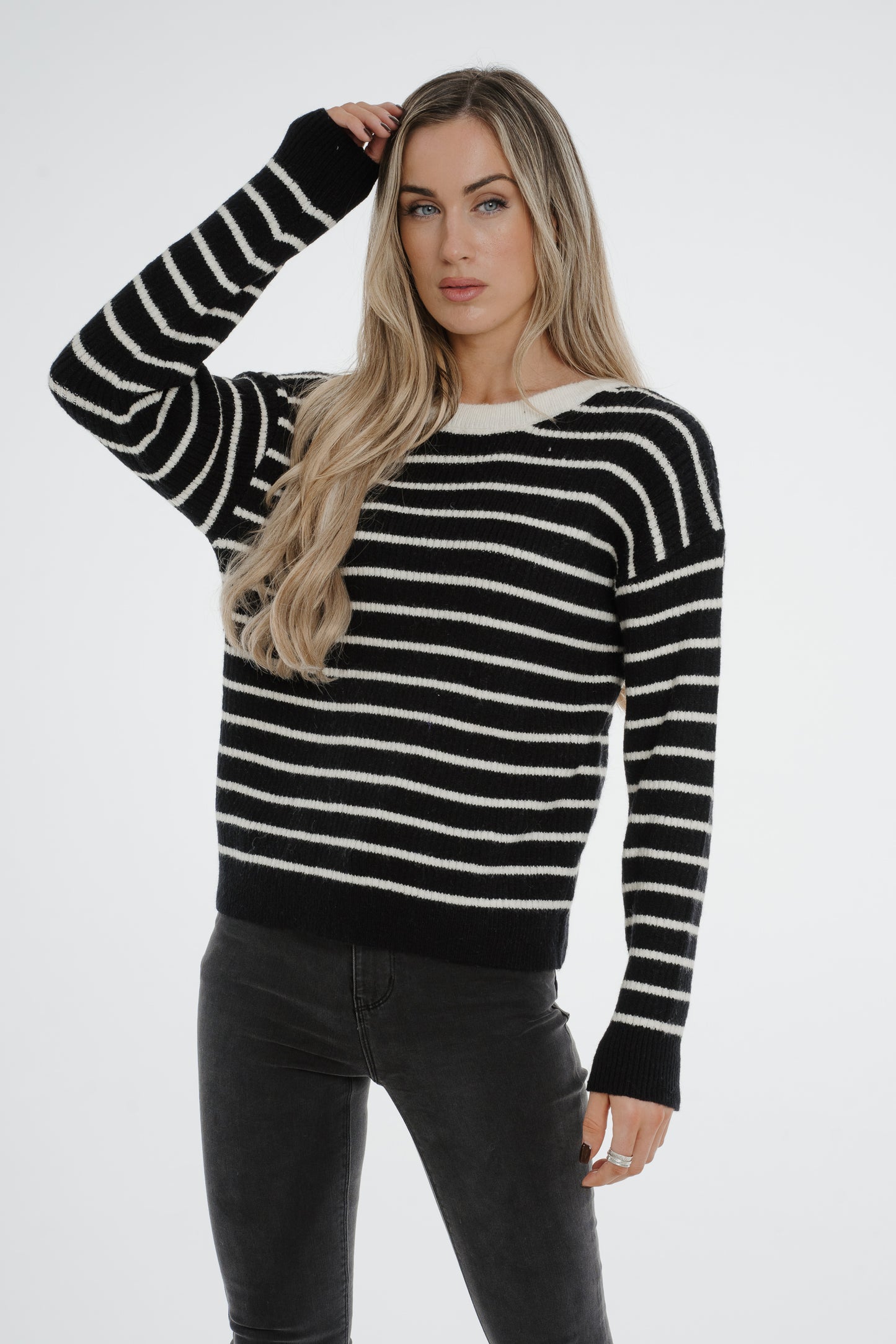 Julia Bow Stripe Jumper In Black Mix