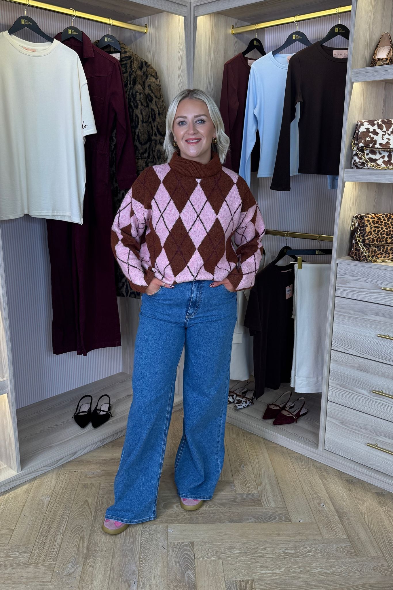 Kendra Diamond Knit Polo Neck In Pink Mix