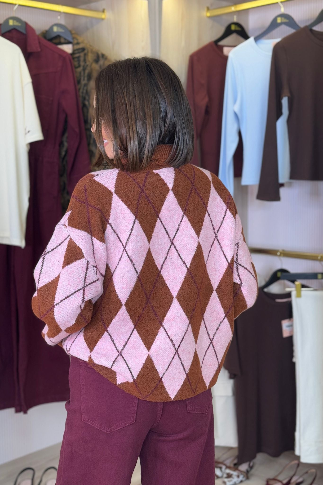 Kendra Diamond Knit Polo Neck In Pink Mix