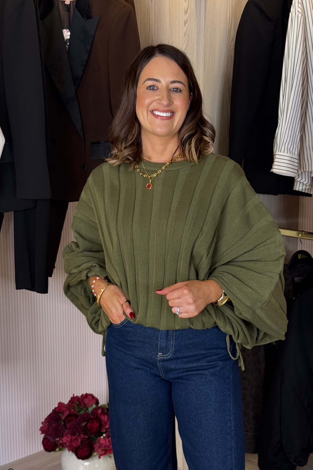 Elsa Balloon Sleeve Jumper In Olive