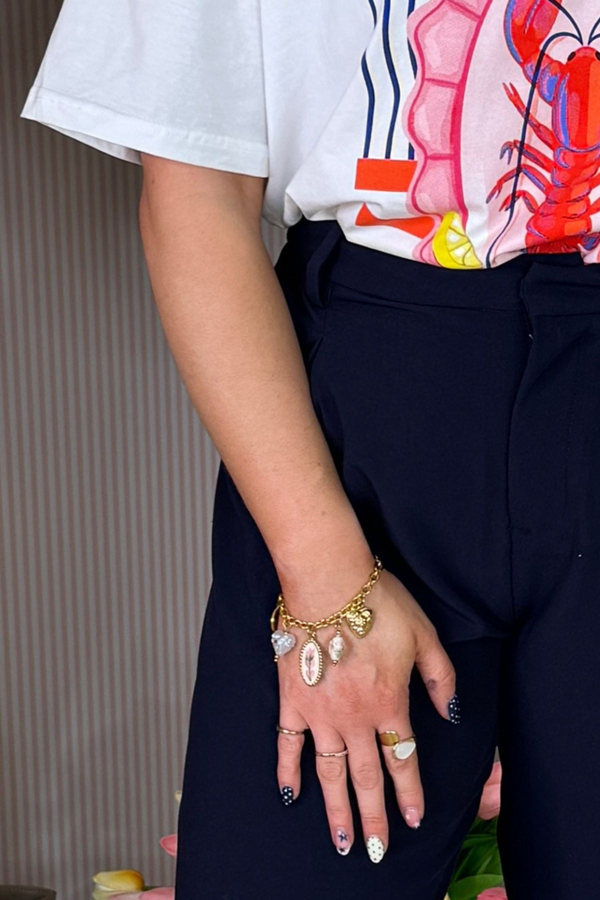 Olive Pink Floral Charm Bracelet In Gold