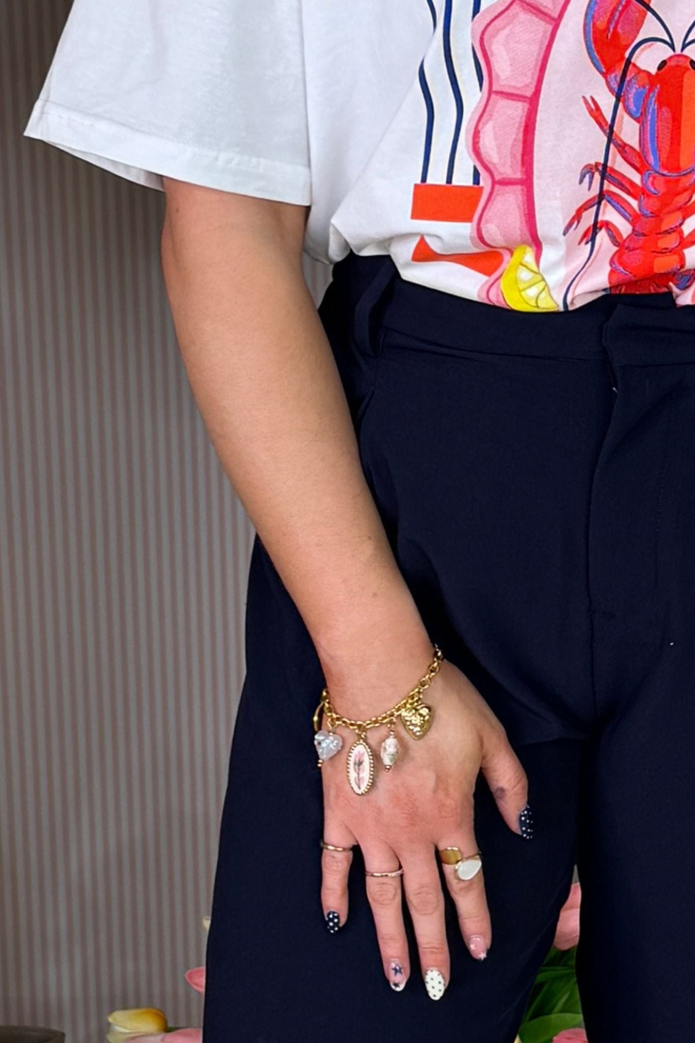 Olive Pink Floral Charm Bracelet In Gold