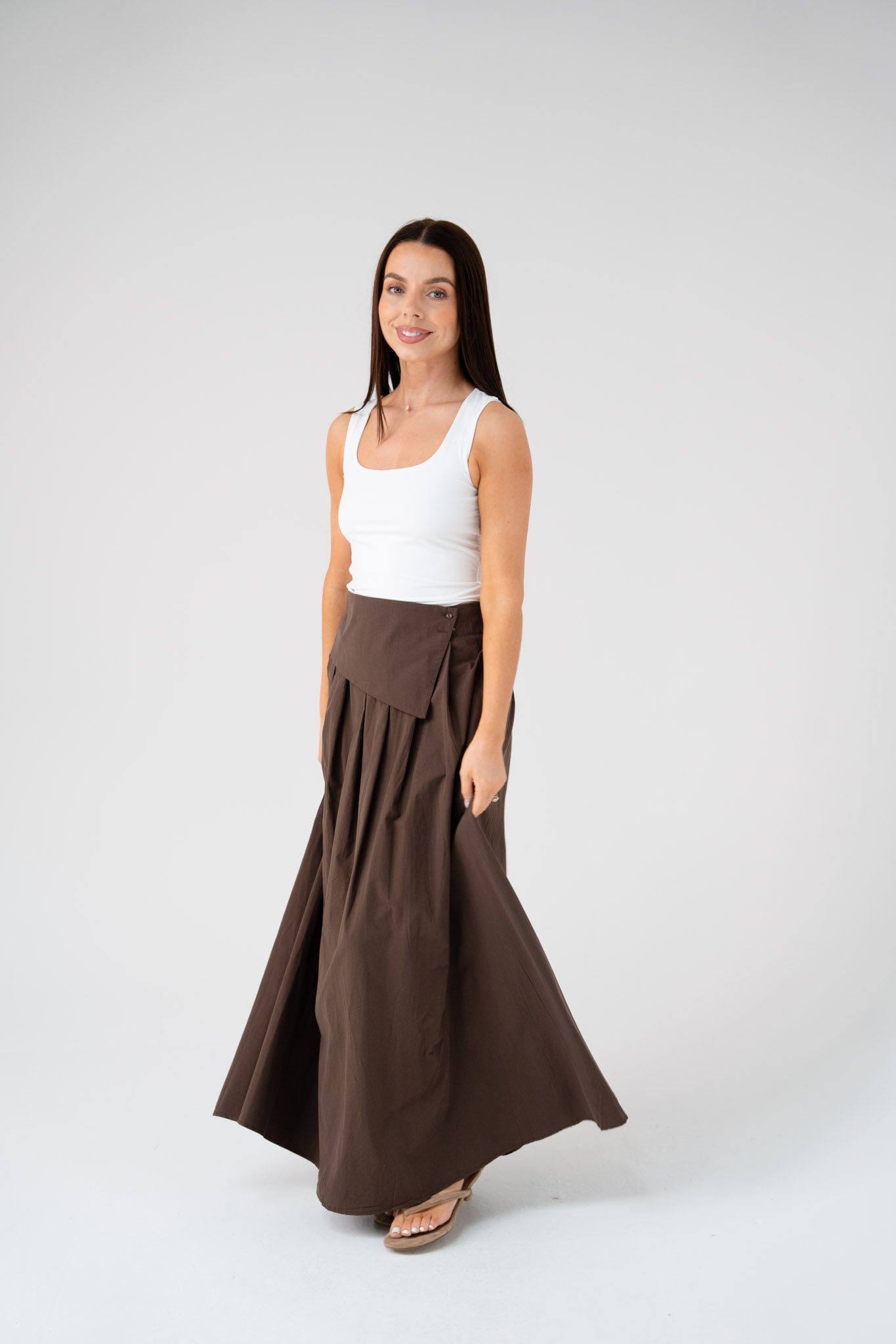 Willow Asymmetric Waist Maxi Skirt In Coffee