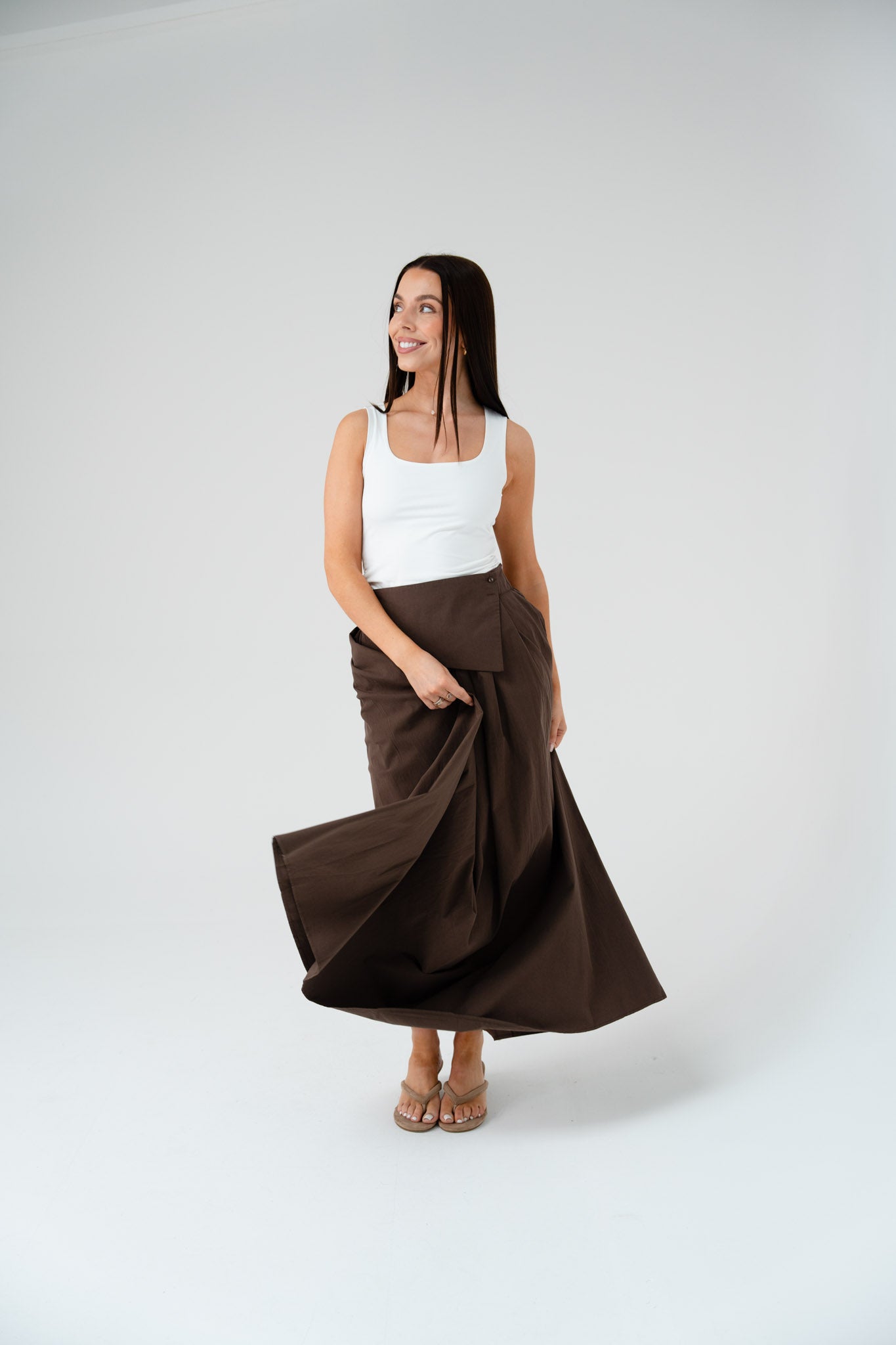 Willow Asymmetric Waist Maxi Skirt In Coffee