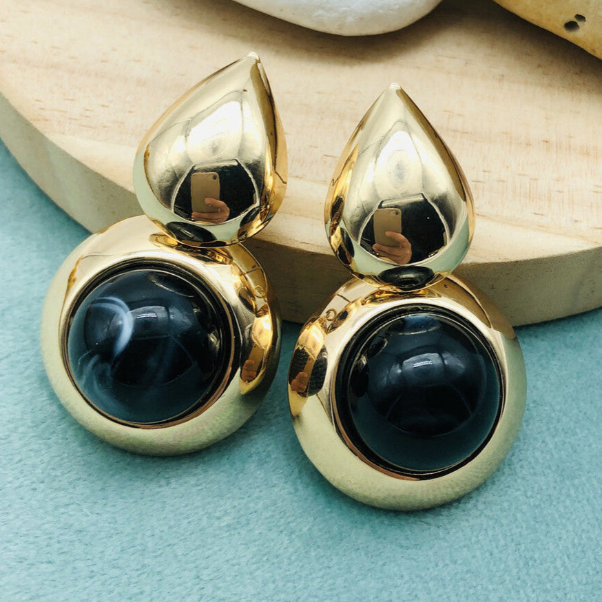 Polly Round Stone Drop Earrings In Black