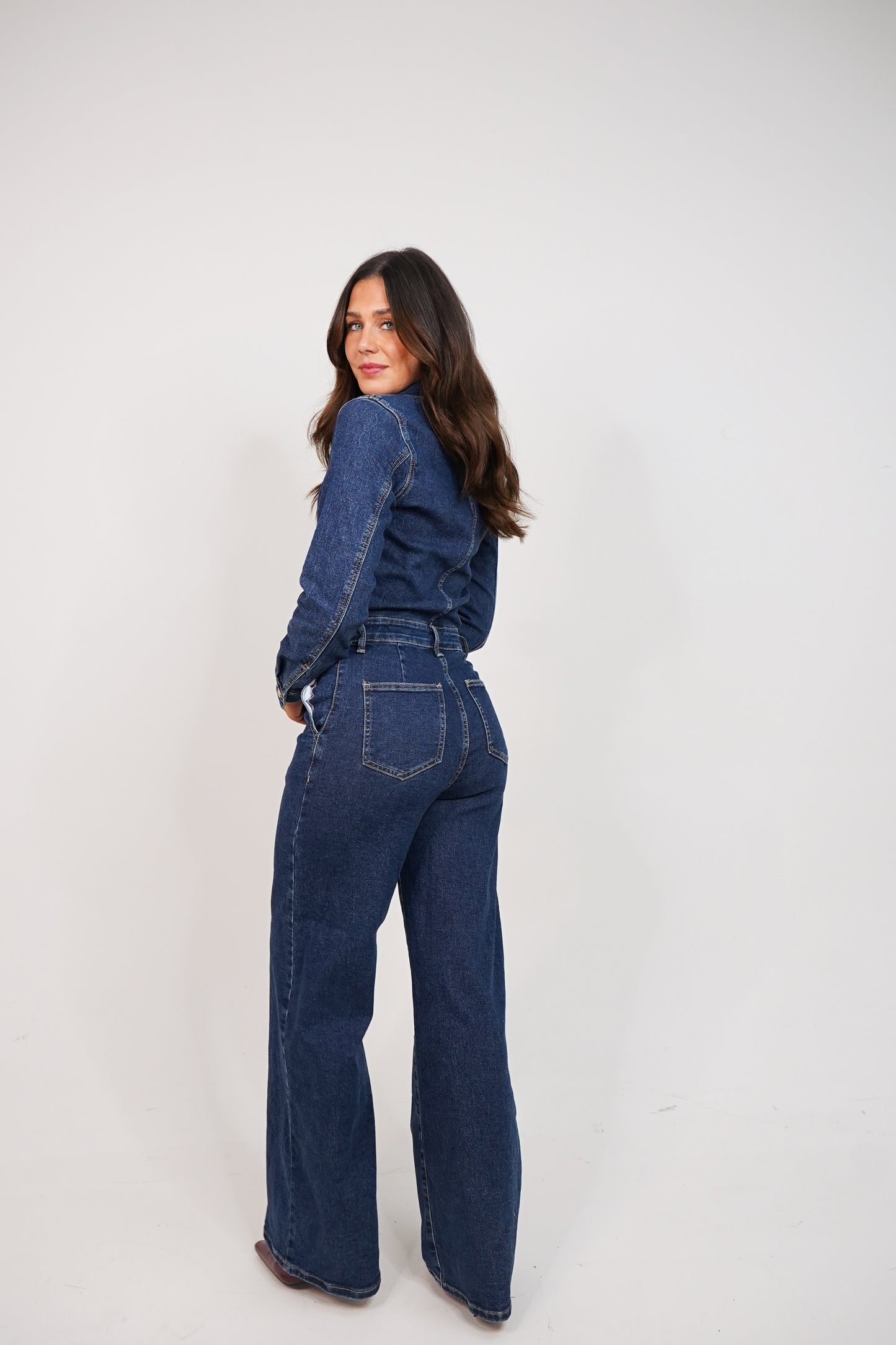 Love Laura Denim Jumpsuit In Dark Wash