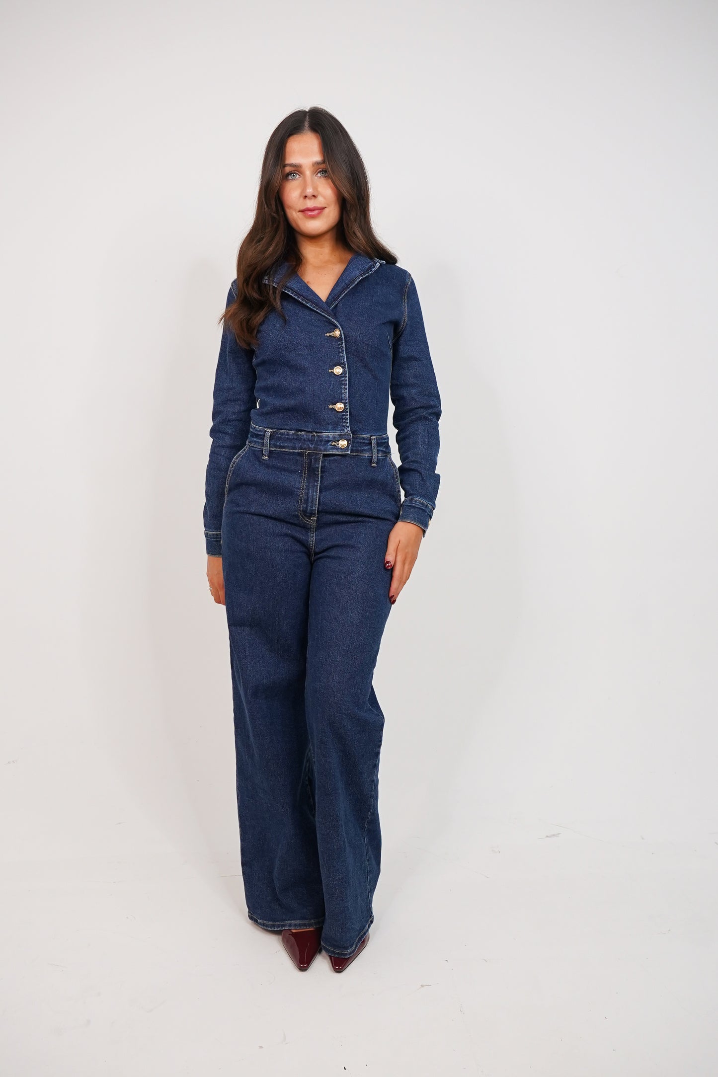 Love Laura Denim Jumpsuit In Dark Wash