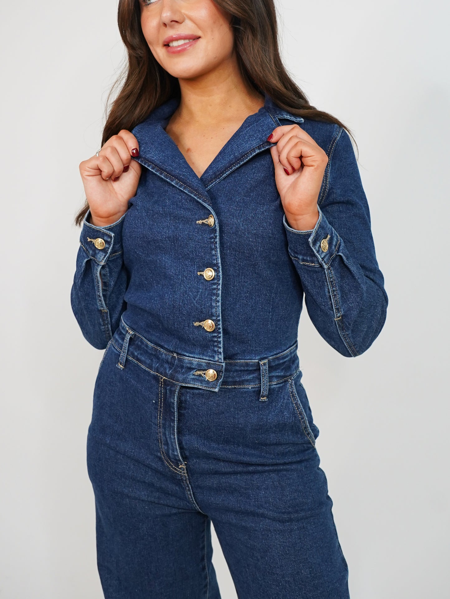 Love Laura Denim Jumpsuit In Dark Wash