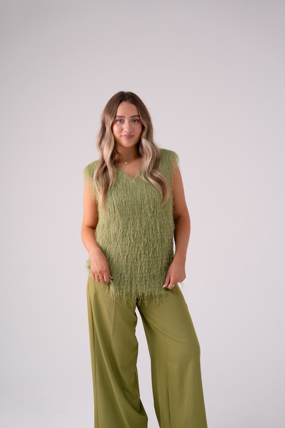 Love Laura Textured Fringed V-Neck Top In Olive
