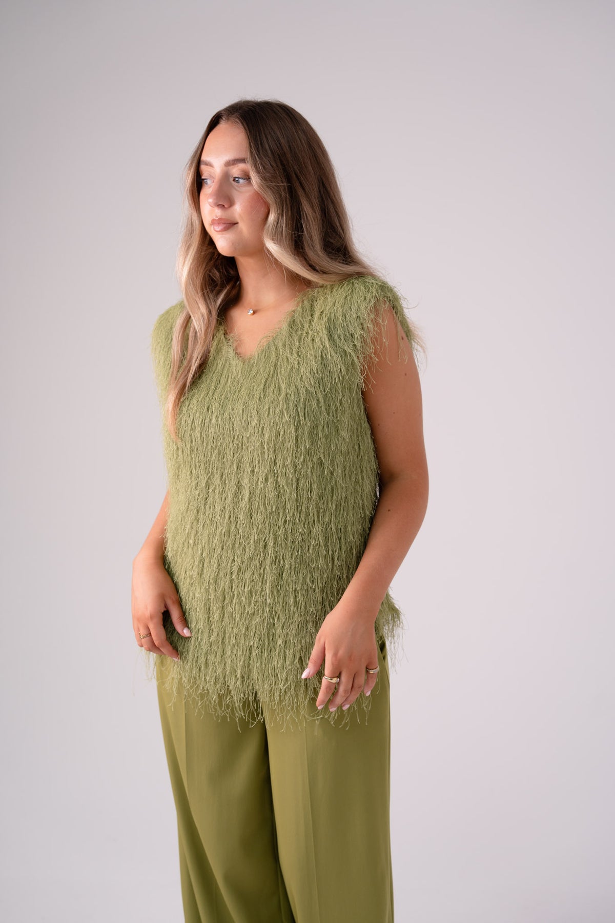 Love Laura Textured Fringed V-Neck Top In Olive