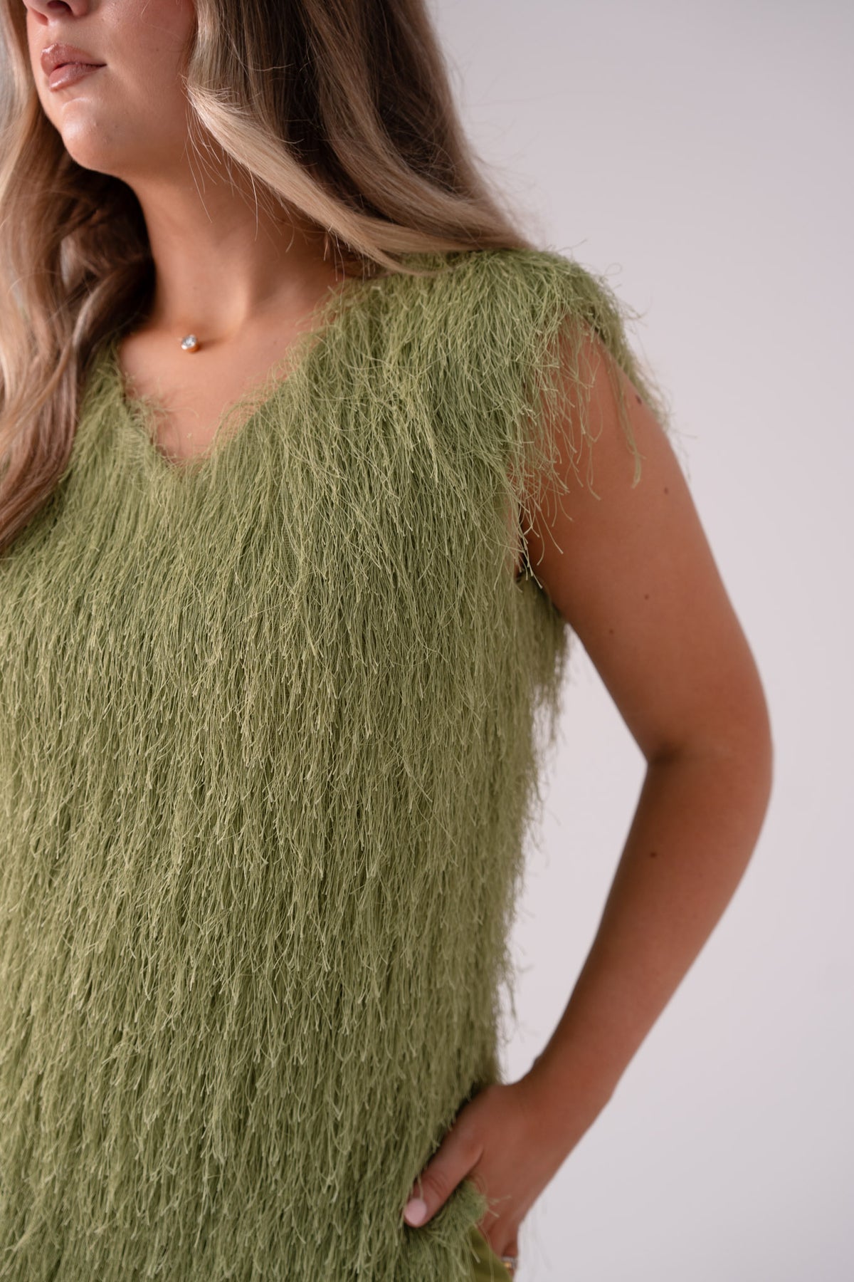 Love Laura Textured Fringed V-Neck Top In Olive