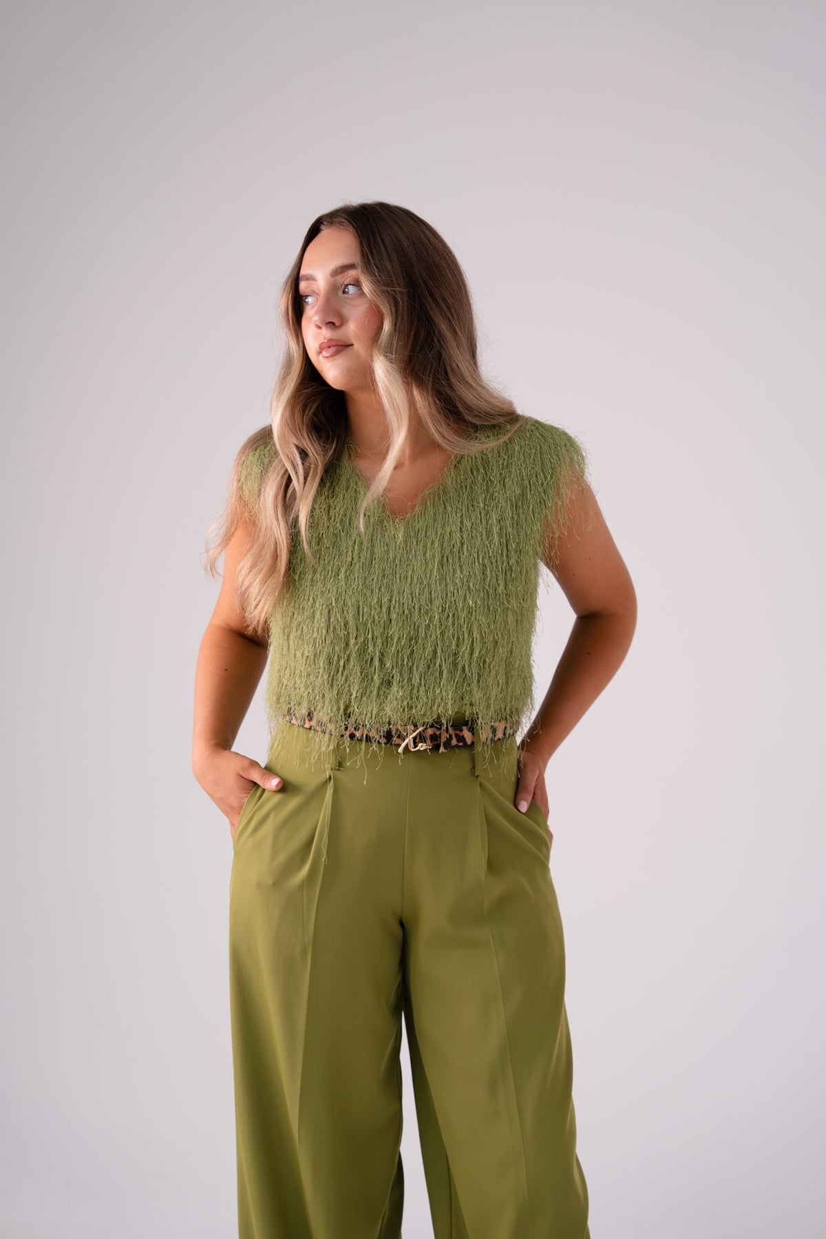 Love Laura Textured Fringed V-Neck Top In Olive
