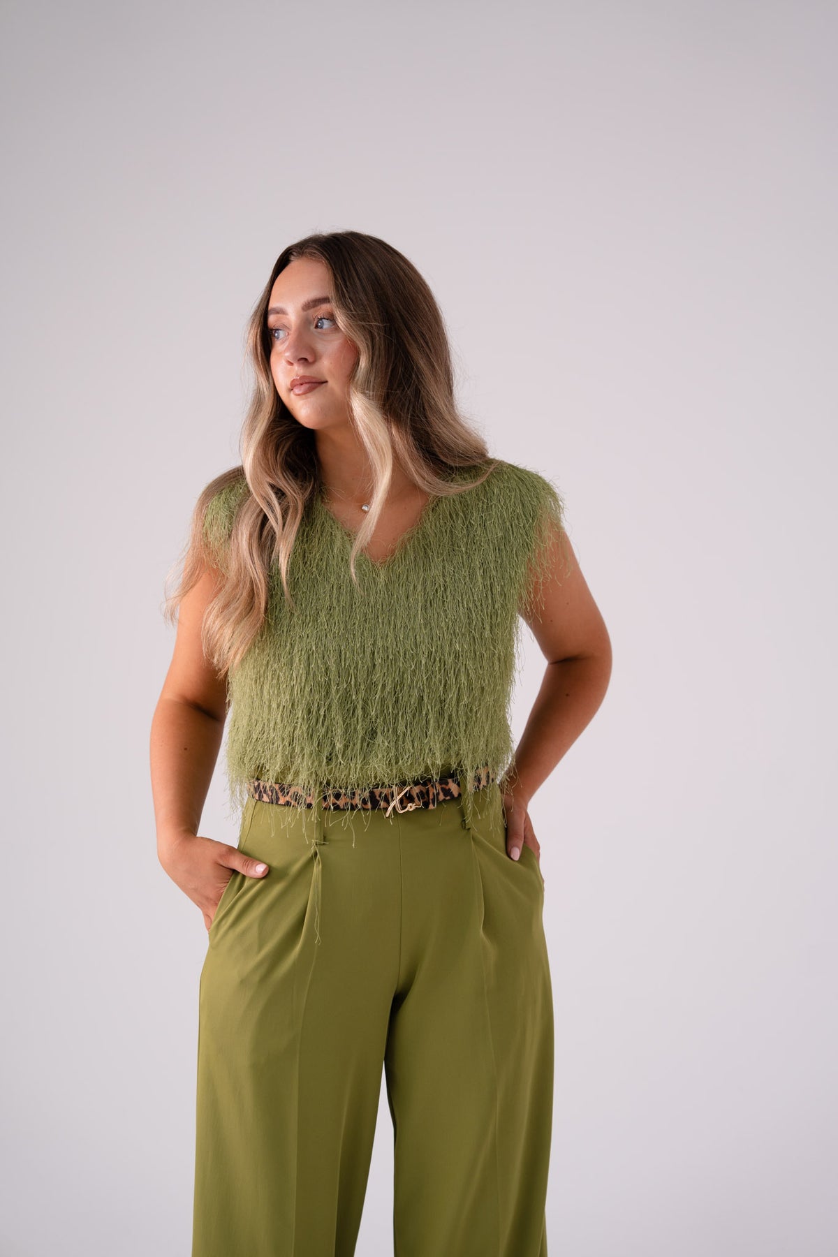 Love Laura Textured Fringed V-Neck Top In Olive
